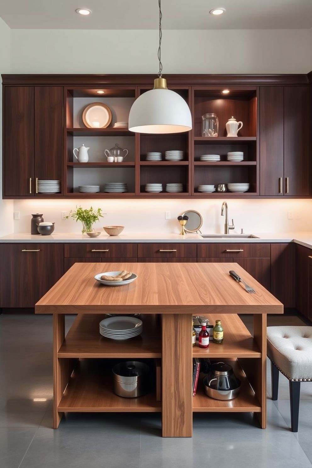 A sleek dual-purpose table designed for both food preparation and dining. The table features a smooth wooden surface with integrated storage underneath for kitchen essentials and a modern aesthetic that complements the surrounding decor. The butler pantry is designed with open shelving to display elegant dishware and a countertop for easy meal prep. Soft lighting illuminates the space, while rich cabinetry adds warmth and sophistication to the overall design.