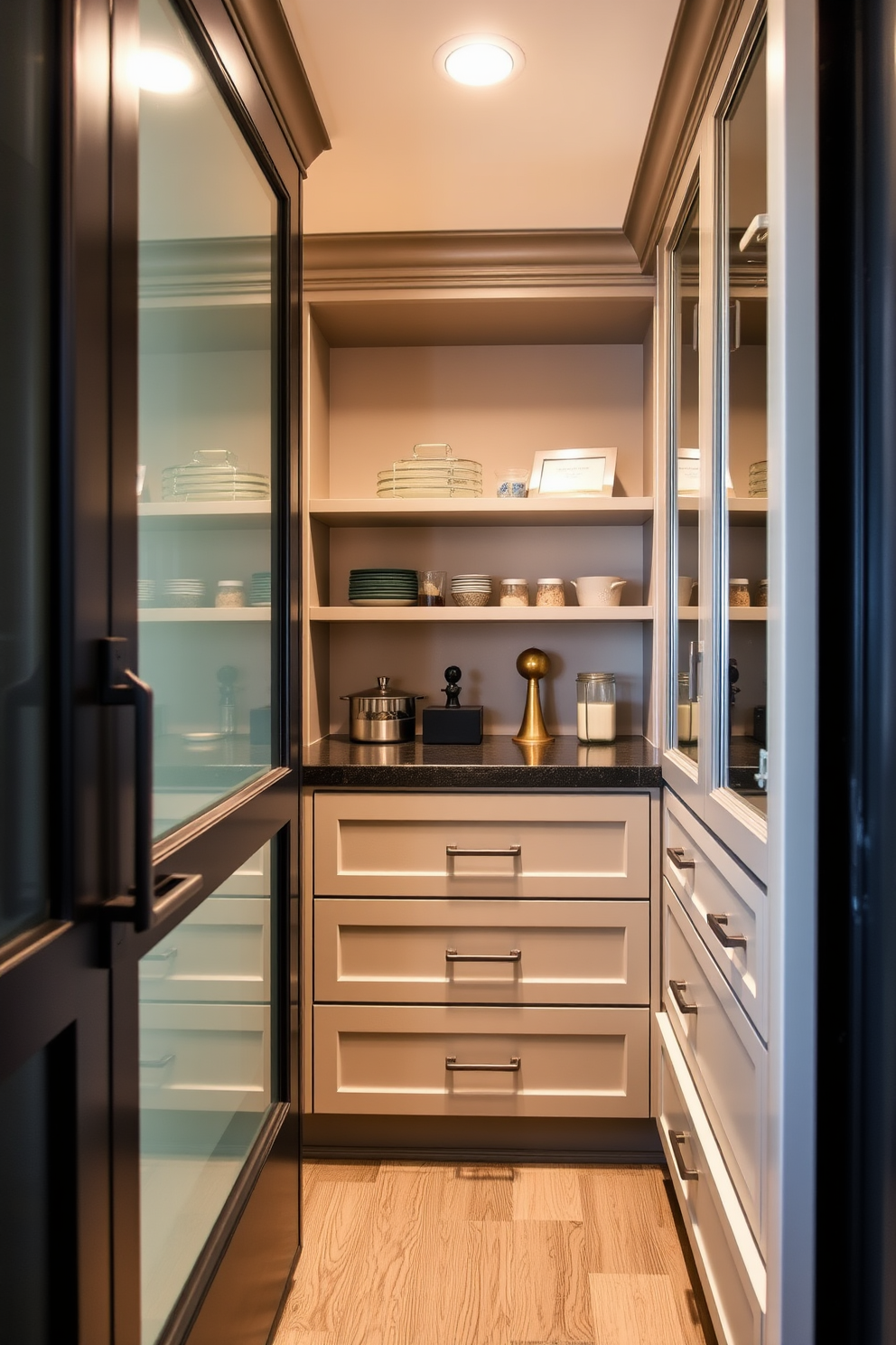 A butler pantry designed for functionality and elegance. The space features soft-close drawers for quiet operation, ensuring a seamless experience while storing kitchen essentials.