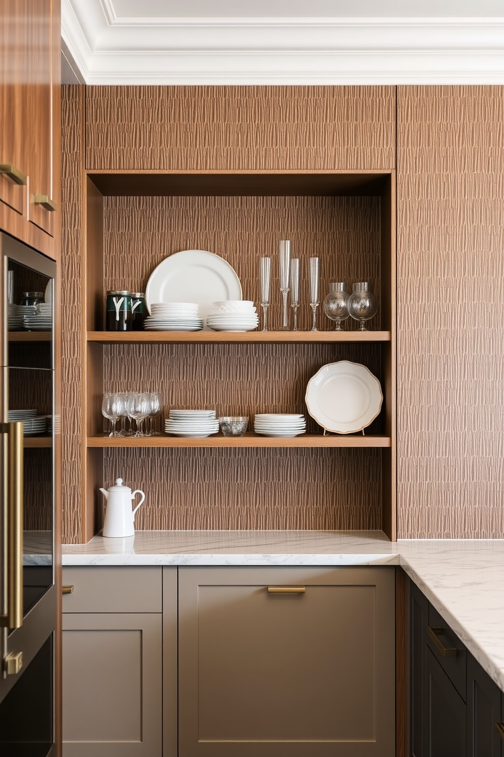 Textured wall panels create a striking visual interest in the butler pantry, enhancing the overall elegance of the space. The panels can be finished in a rich wood tone or painted in a soft neutral color to complement the cabinetry. Incorporating open shelving allows for both functionality and display, showcasing beautiful dishware and glassware. A stylish countertop provides ample workspace while maintaining a seamless flow with the surrounding kitchen design.