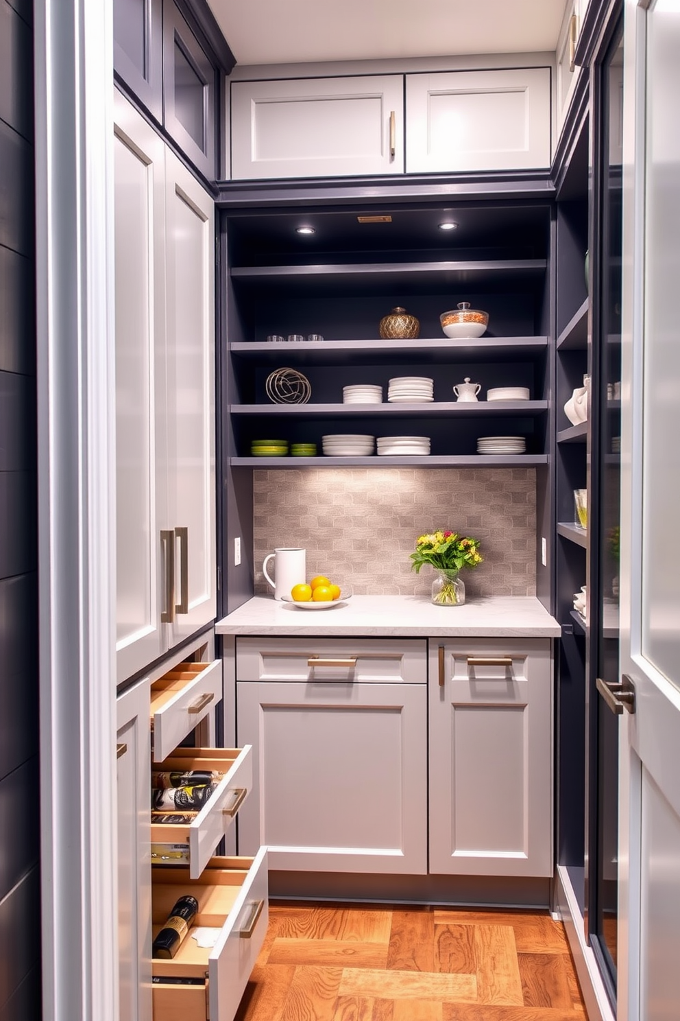 Smart storage solutions for tight spaces. A butler pantry features built-in shelves and cabinets that maximize vertical space, with pull-out drawers for easy access to kitchen essentials. The design includes a compact countertop for food preparation, and a stylish backsplash that adds a touch of elegance. Soft, ambient lighting illuminates the area, creating a warm and inviting atmosphere.