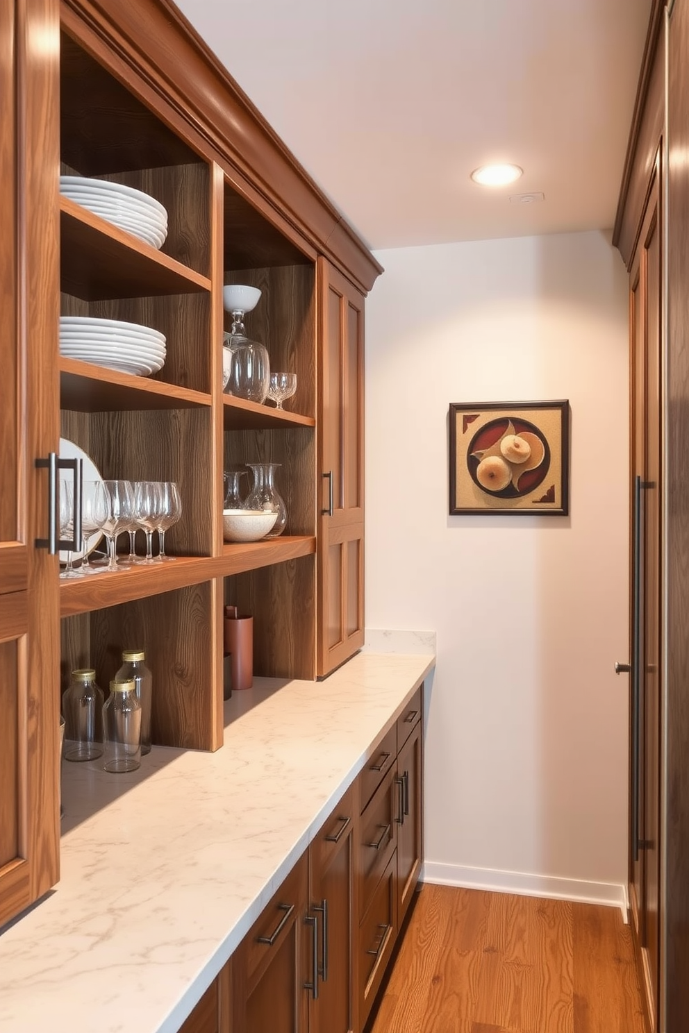 A butler pantry featuring natural wood finishes creates a warm and inviting atmosphere. The cabinetry showcases rich, textured wood with elegant hardware, complemented by a polished stone countertop. Open shelving displays artisanal dishware and glassware, adding a personal touch to the space. Soft, ambient lighting highlights the wood grain, enhancing the cozy feel of this functional area.