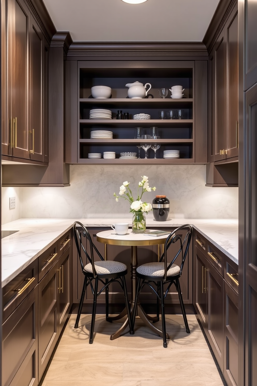 A butler pantry featuring custom cabinetry with a sleek finish and elegant hardware. The countertops are made of polished quartz, complemented by a stylish backsplash in a soft gray hue. Open shelving displays curated dishware and glassware, adding a personal touch to the space. A small, round table with two chairs creates a cozy nook for quick meals or coffee breaks.