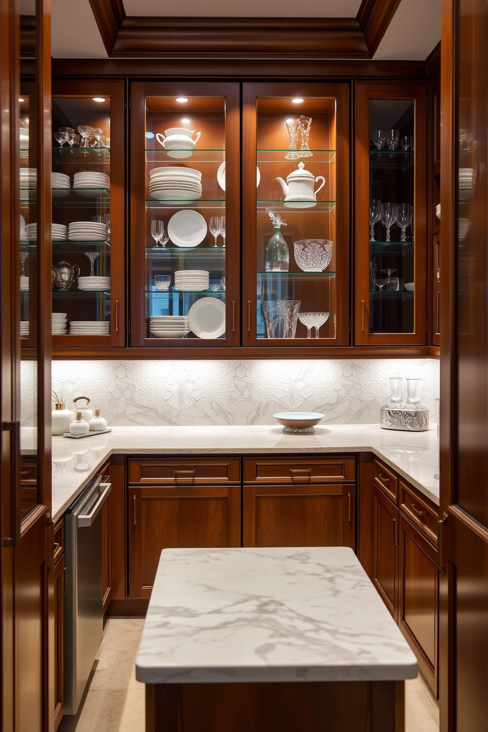 A butler pantry featuring glass cabinet doors that elegantly showcase fine china and glassware. The space is adorned with a marble countertop and subtle under-cabinet lighting to enhance the display. Rich wood cabinetry complements the glass doors, creating a warm and inviting atmosphere. A small island in the center provides additional workspace and storage, making it both functional and stylish.