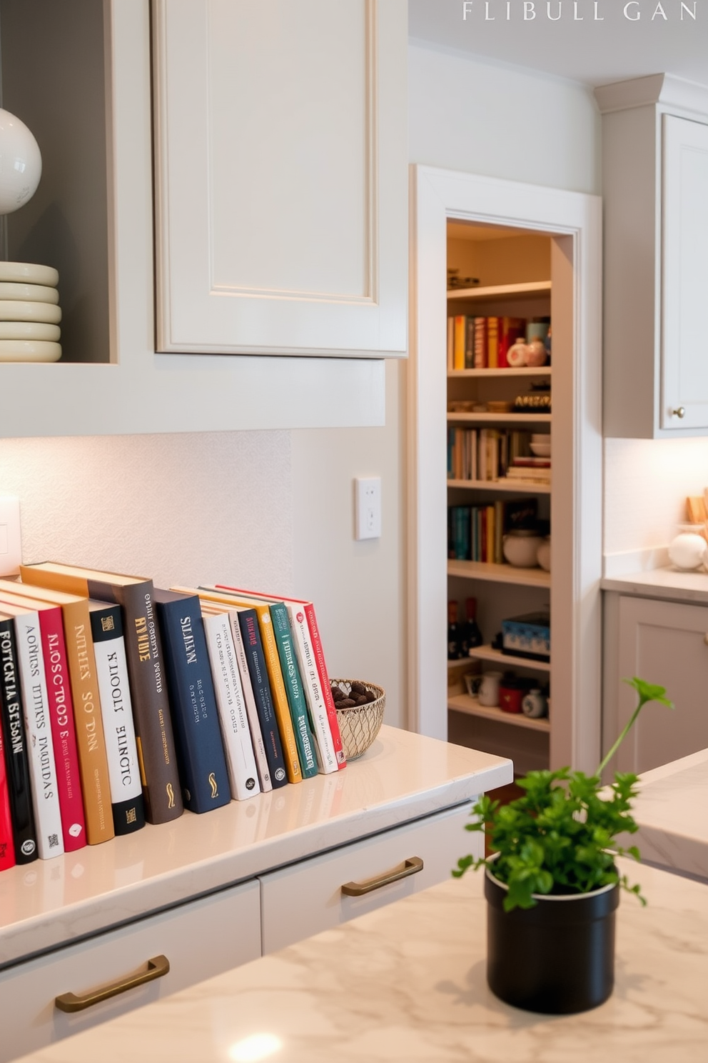 A stylish countertop display featuring an array of favorite cookbooks arranged by color and size. The backdrop includes a sleek backsplash with subtle texture, complemented by warm ambient lighting that highlights the collection. The butler pantry is designed with custom cabinetry that offers ample storage for kitchen essentials and entertaining items. A central island provides additional workspace, adorned with decorative accents and a small herb garden for a touch of freshness.