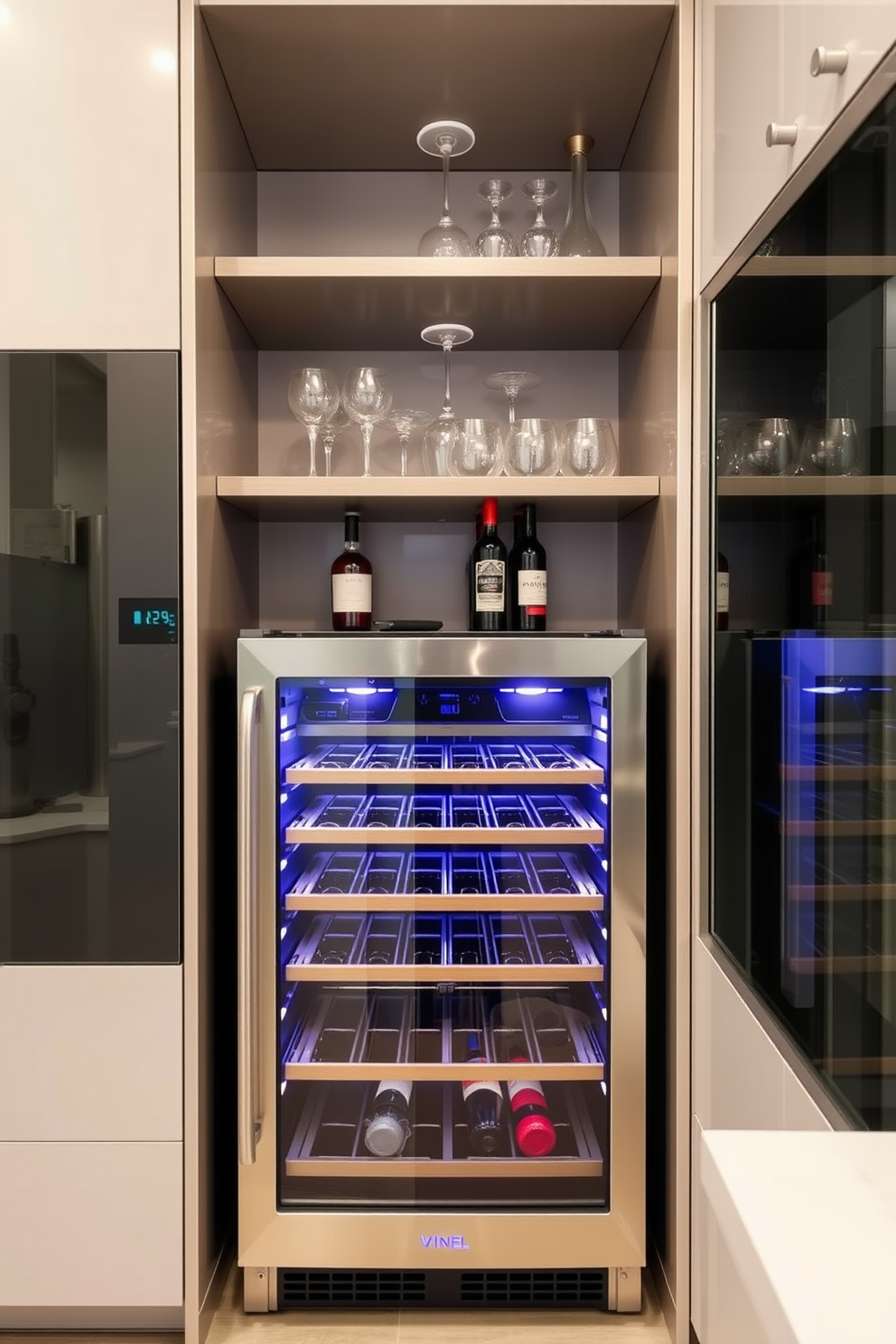 A sleek wine fridge is integrated into a modern butler pantry, showcasing a seamless design with stainless steel finishes. The pantry features open shelving above the fridge, displaying elegant glassware and curated wine selections, while the countertop offers ample space for preparation and serving.