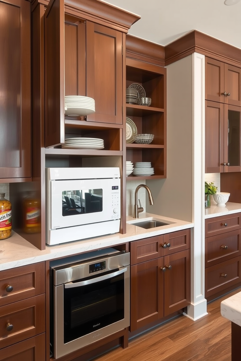 A hidden appliance garage features sleek cabinetry that conceals kitchen appliances for a clean and organized appearance. The design includes pull-out shelves and electrical outlets for easy access while maintaining a clutter-free countertop. The butler pantry is designed with open shelving and elegant cabinetry to provide ample storage space for dishware and pantry items. A small prep area with a sink and countertop allows for efficient meal preparation while keeping the main kitchen tidy.