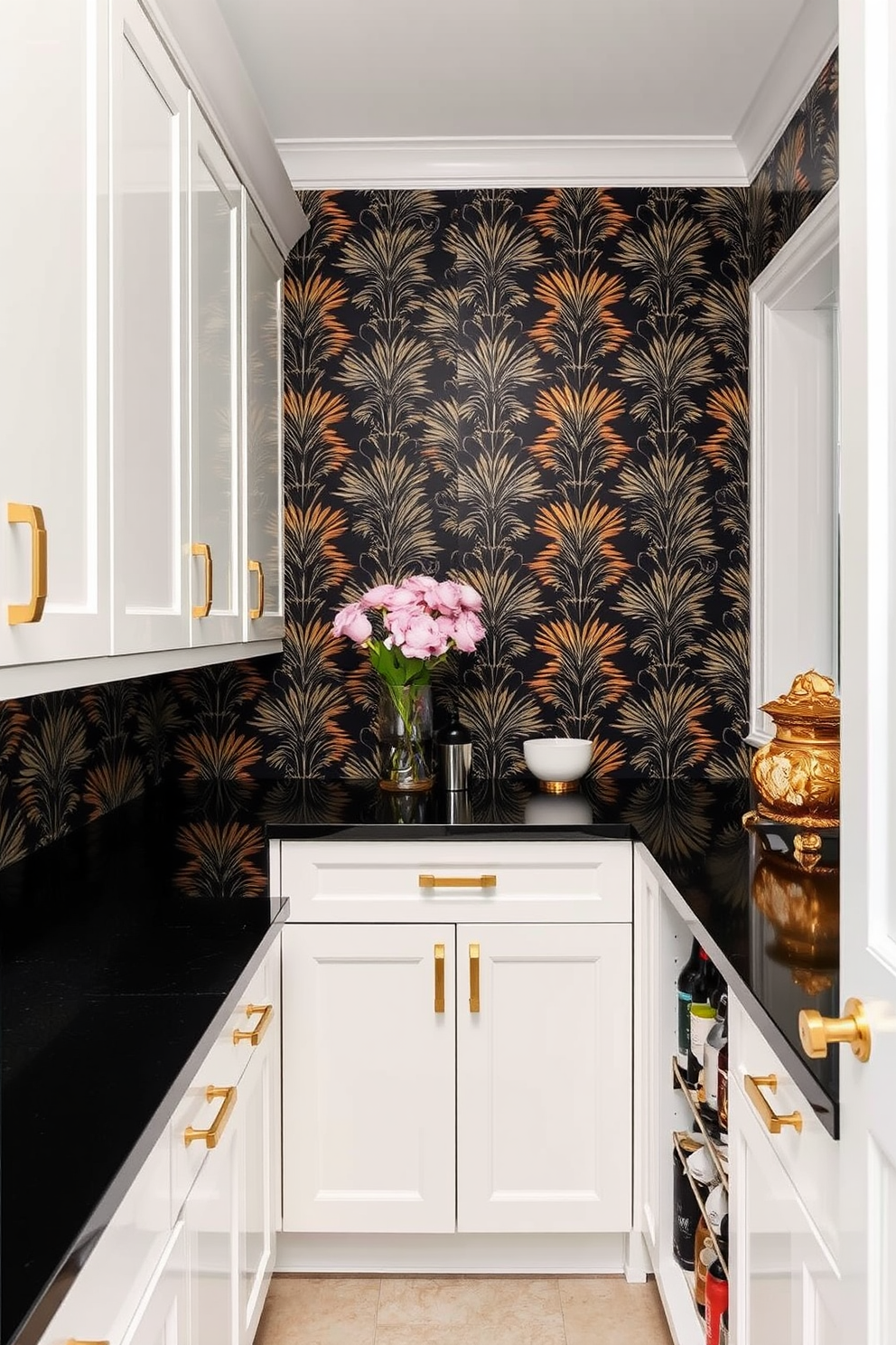 A butler pantry featuring bold wallpaper that adds character to the space. The cabinetry is sleek and modern, complemented by brass hardware and a stylish countertop.