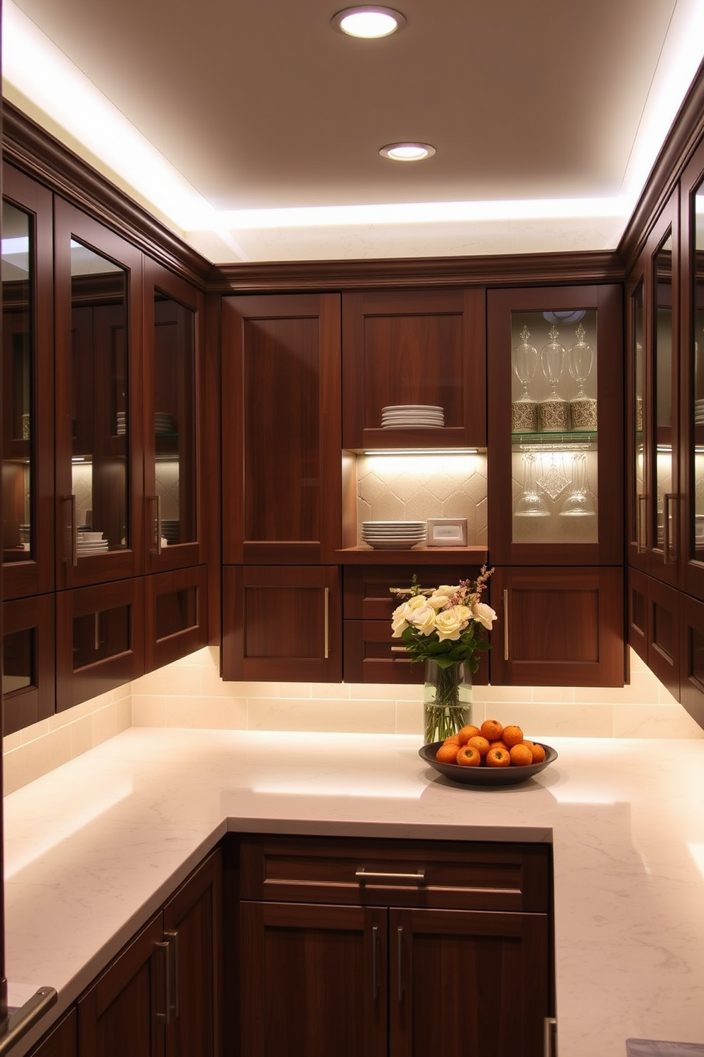 A butler pantry designed for functionality and elegance features under-cabinet lighting that creates a warm and inviting atmosphere. The cabinetry is finished in a rich wood tone, complemented by sleek countertops that provide ample workspace for meal preparation and serving.