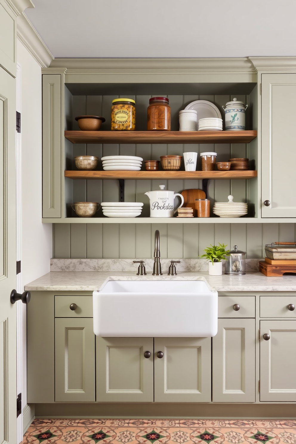 A charming butler pantry featuring a large farmhouse sink made of white porcelain. The cabinetry is painted in a soft sage green, complemented by rustic wooden shelves displaying artisanal jars and vintage dishware.