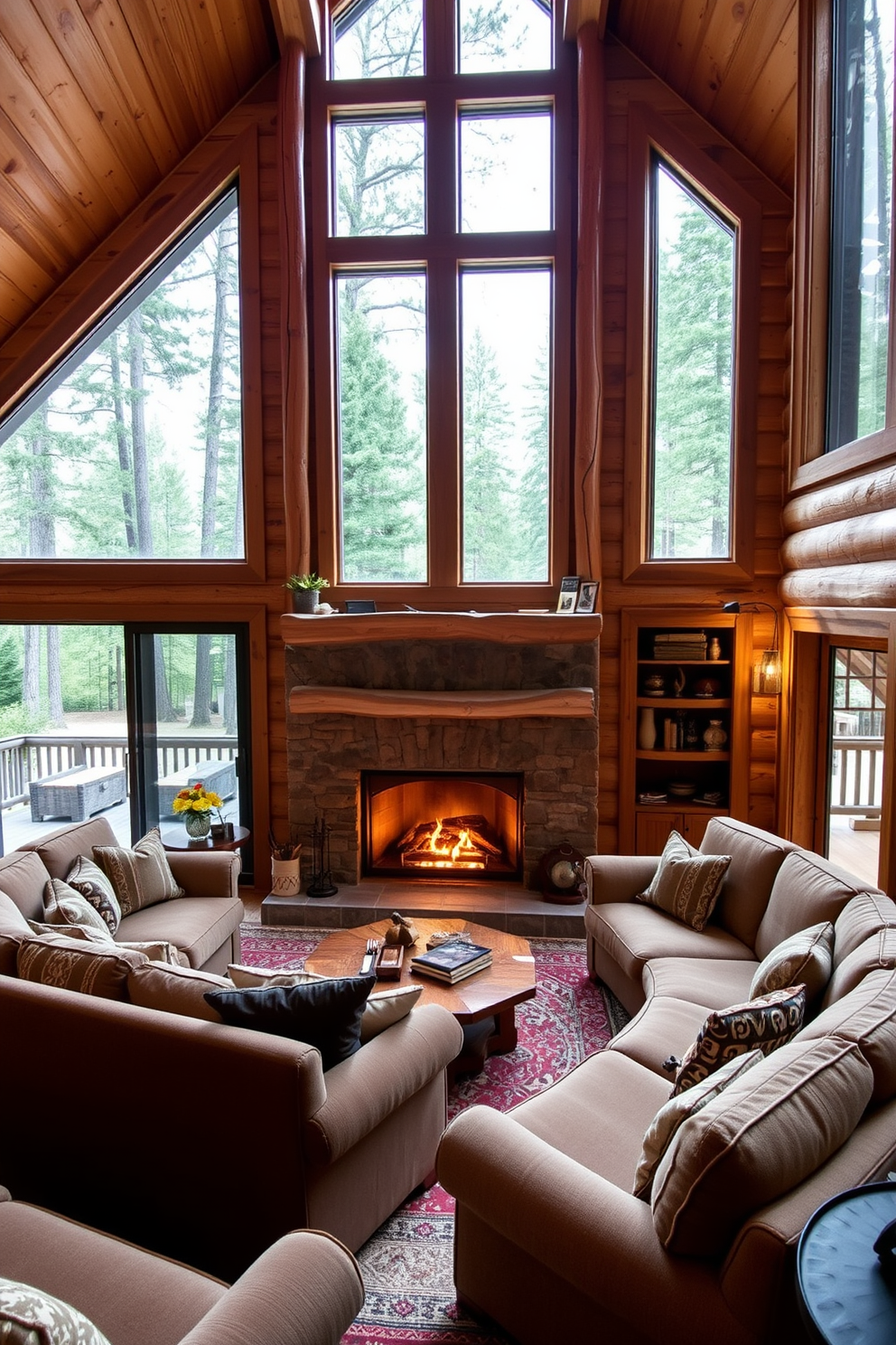 A cozy fireplace is the focal point of the cabin living room, surrounded by rustic wood accents that create a warm and inviting atmosphere. Plush seating is arranged in a circle around the fireplace, enhancing the sense of comfort and togetherness. The walls are adorned with natural wood paneling, complemented by soft, earthy tones in the furnishings. Large windows allow natural light to flood the space, offering views of the surrounding forest.