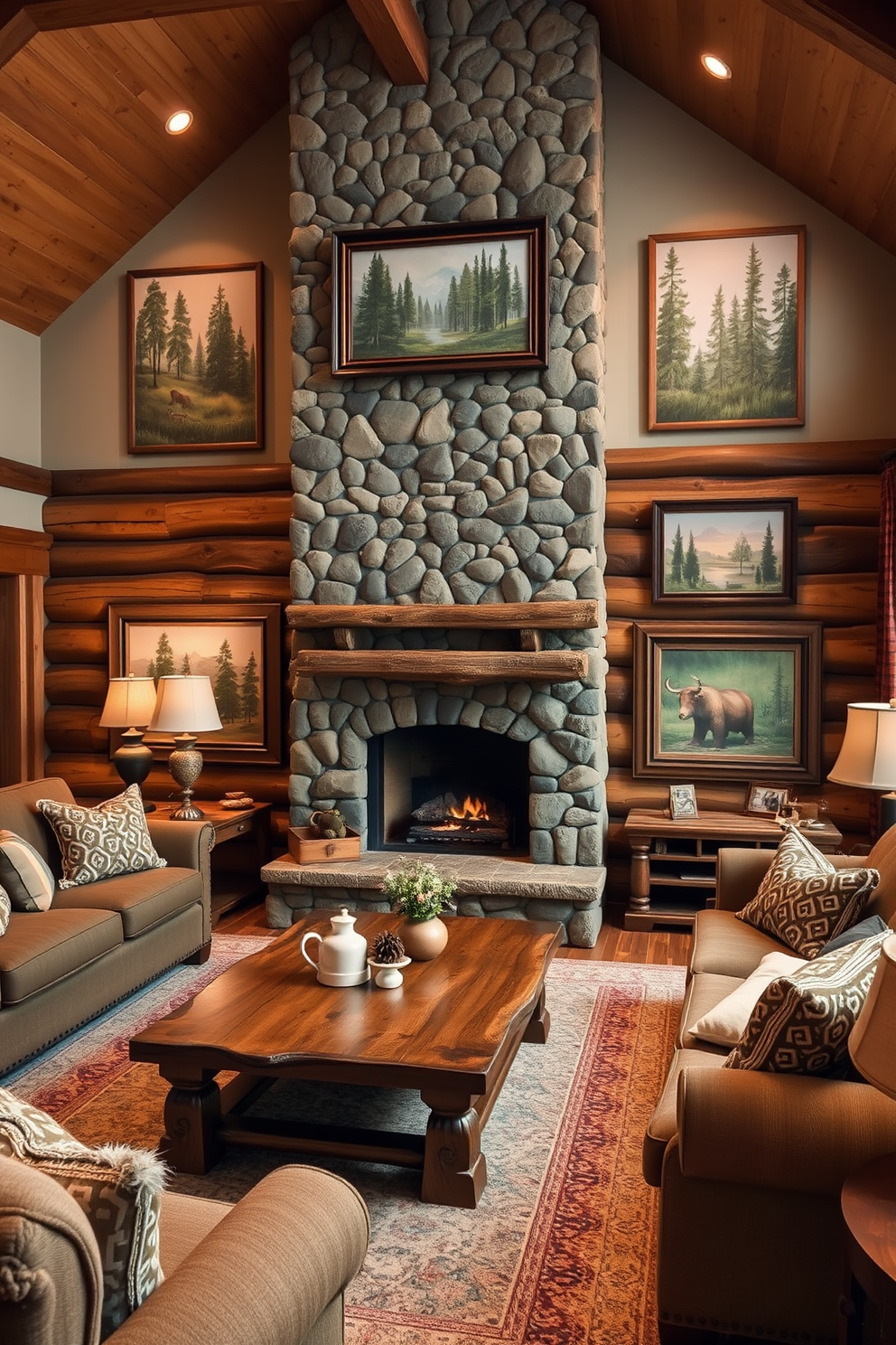 A cozy cabin living room featuring nature-inspired artwork adorning the walls. The space includes a rustic wooden coffee table surrounded by plush seating, with a large stone fireplace as the focal point.