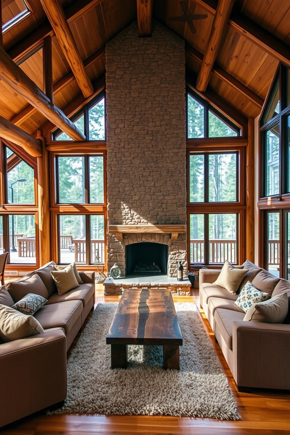 A cozy cabin living room features a large stone fireplace as the focal point, surrounded by comfortable seating in earthy tones. Large windows allow natural light to flood the space, showcasing the surrounding forest views and enhancing the open floor plan. Rustic wooden beams stretch across the ceiling, adding warmth and character to the room. A plush area rug anchors the seating area, while a coffee table made from reclaimed wood completes the inviting atmosphere.