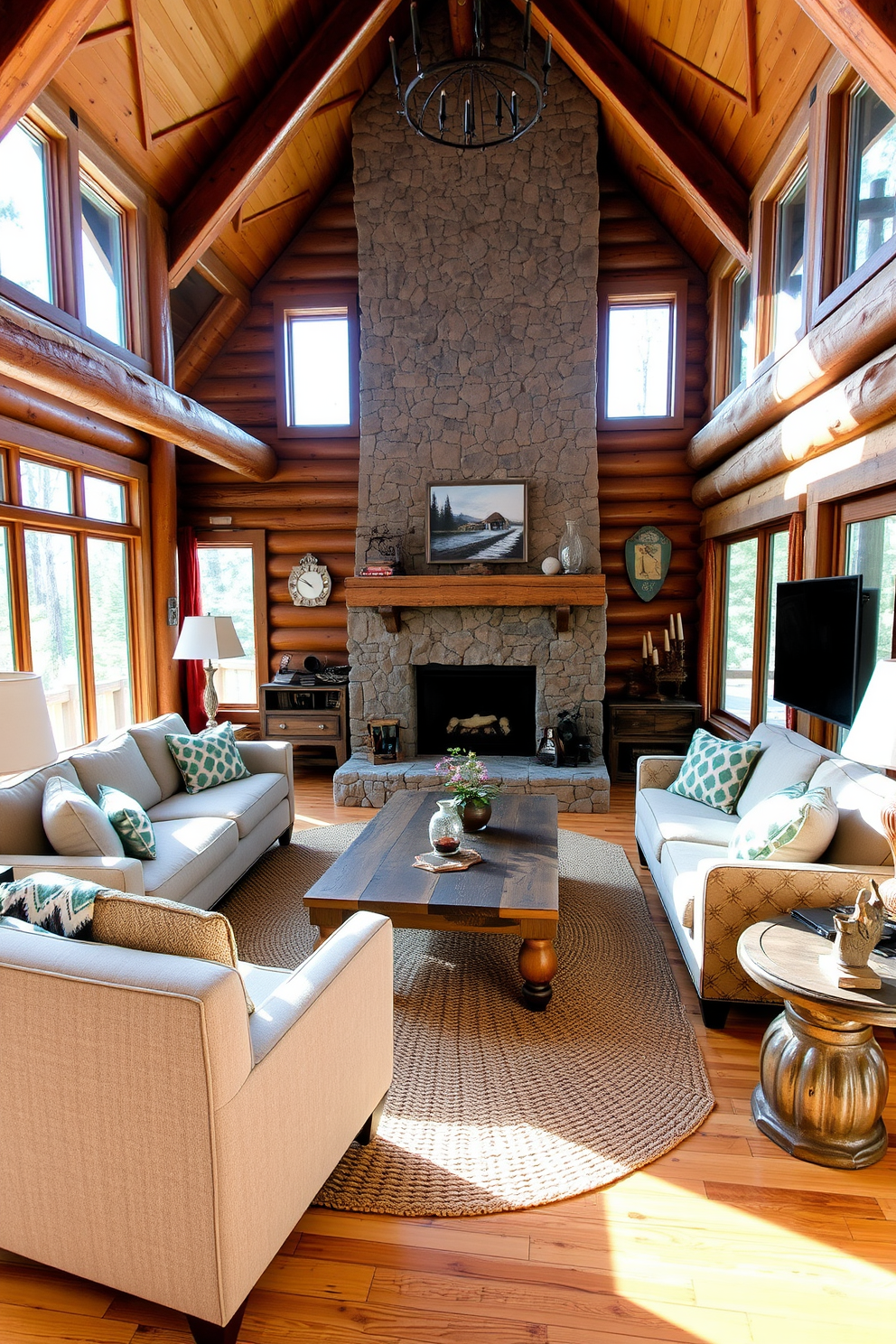 A cozy cabin living room featuring a mix of modern and rustic furniture. The space includes a large sectional sofa in a neutral fabric paired with a reclaimed wood coffee table and a stone fireplace as the focal point. Natural light floods the room through large windows, highlighting the warm tones of the wooden beams and flooring. Accents like a woven area rug and vintage decor pieces add character and warmth to the inviting atmosphere.