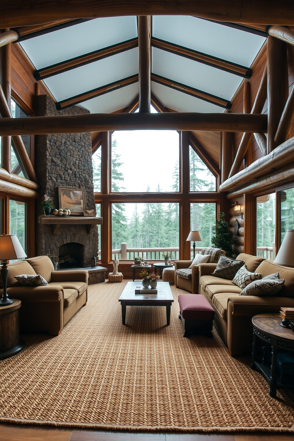 A cozy cabin living room featuring a large woven rug that adds warmth and texture to the space. The room is adorned with rustic wooden beams and a stone fireplace, creating a welcoming atmosphere. Plush seating arrangements are complemented by earthy tones and natural materials. Large windows allow for plenty of natural light, showcasing the surrounding forest views.