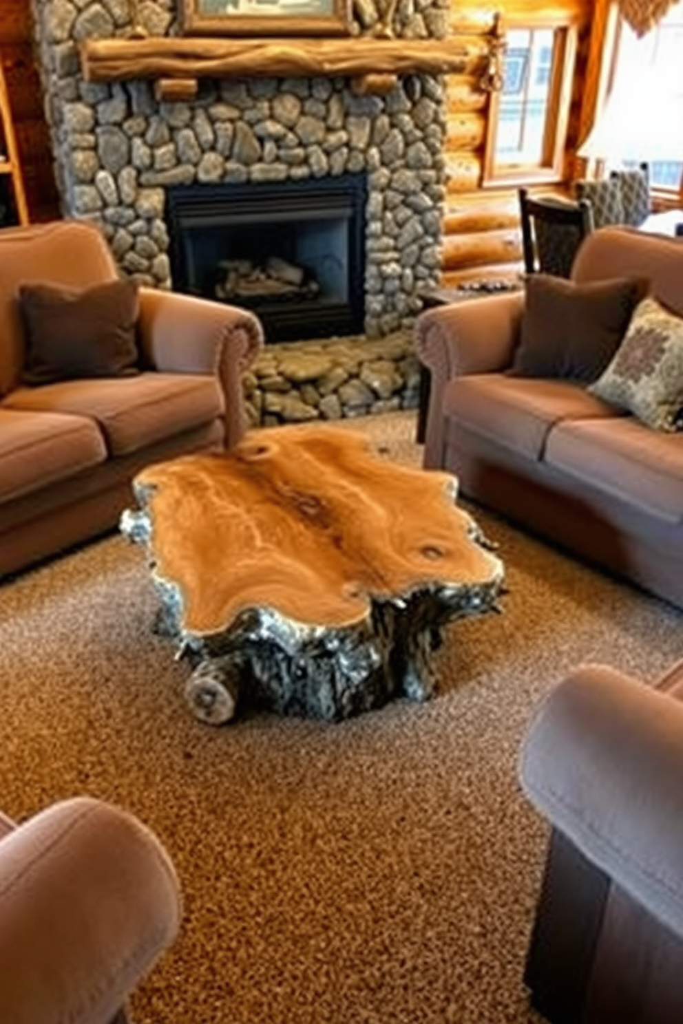 Rustic coffee table made from logs placed at the center of a cozy cabin living room. Surrounding the table are plush, oversized sofas in warm earth tones, complemented by a stone fireplace that adds a welcoming ambiance.