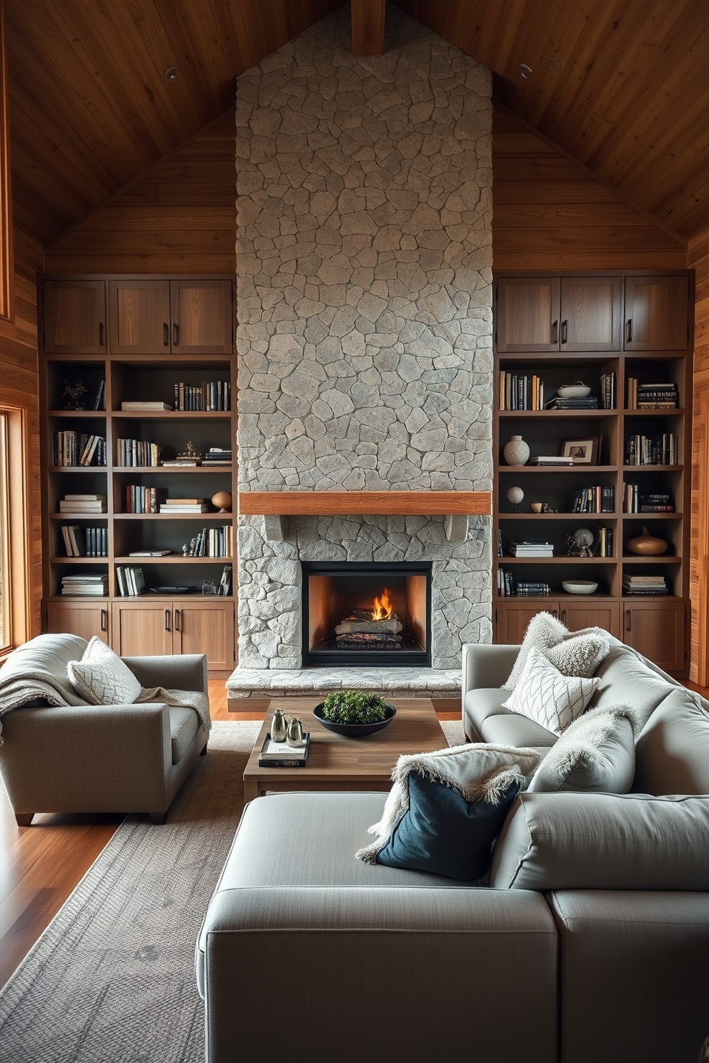 A cozy cabin living room featuring sleek built-in shelving that blends seamlessly with the wooden walls. The shelving is filled with a curated selection of books and decorative items, adding a personal touch to the space. A large, comfortable sectional sofa is positioned in front of a rustic stone fireplace, creating an inviting focal point. Soft throw blankets and textured cushions enhance the warmth and comfort of the room.