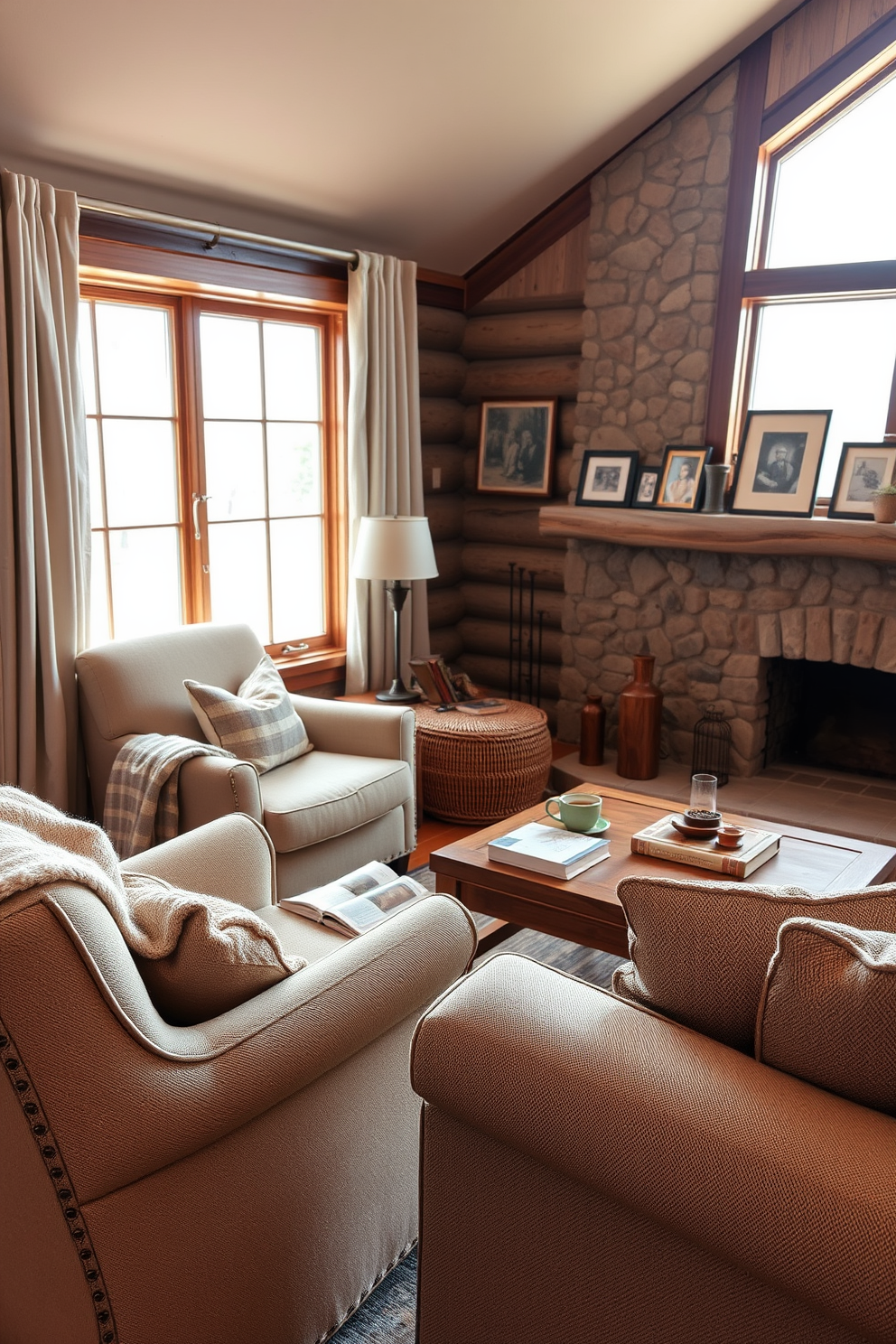 A cozy reading nook by the window features a plush armchair upholstered in soft fabric, with a warm throw blanket draped over one side. A small side table holds a steaming cup of tea and a stack of well-loved books, while natural light pours in through the large window adorned with light linen curtains. The cabin living room design includes a rustic wooden coffee table surrounded by a comfortable sectional sofa, perfect for gathering with friends. A stone fireplace serves as the focal point, with a mantel decorated with framed photos and a few carefully chosen decorative items.