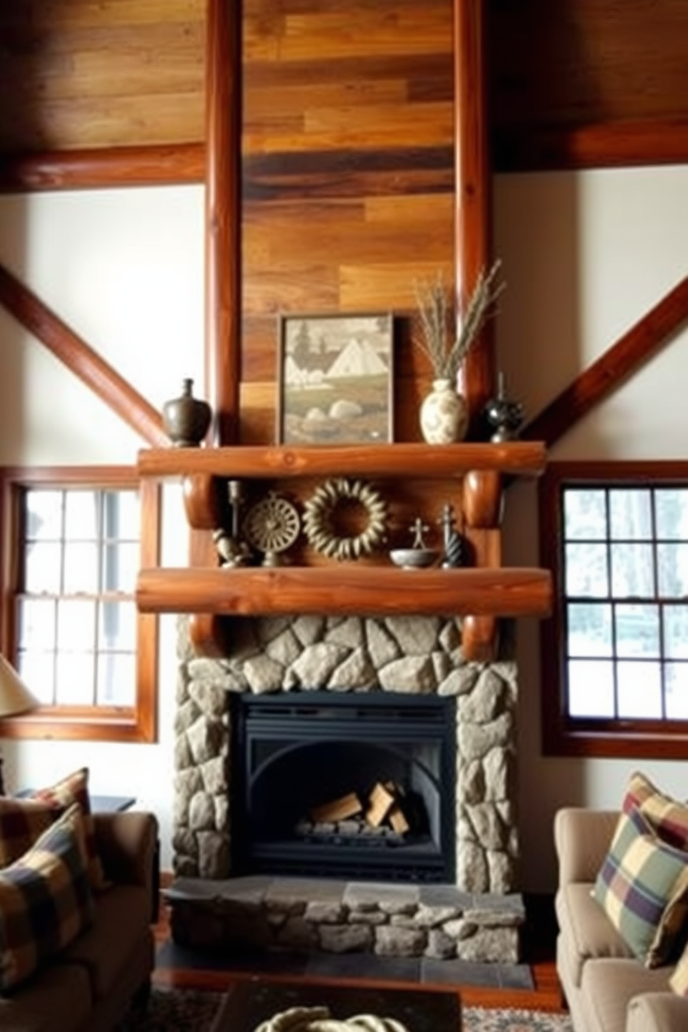 A cozy cabin living room featuring a rustic wooden mantel adorned with decorative accents. The mantel is complemented by a stone fireplace below and flanked by comfortable seating arrangements with plaid cushions.