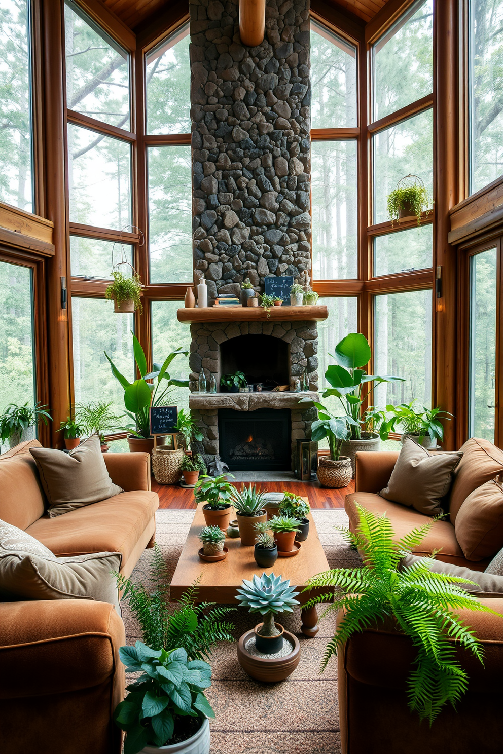 A cozy cabin living room filled with natural light. There are large windows showcasing a forest view, and the space is adorned with various indoor plants in decorative pots. A plush sofa in earthy tones faces a rustic stone fireplace. A wooden coffee table sits in the center, surrounded by potted ferns and succulents to enhance the fresh atmosphere.