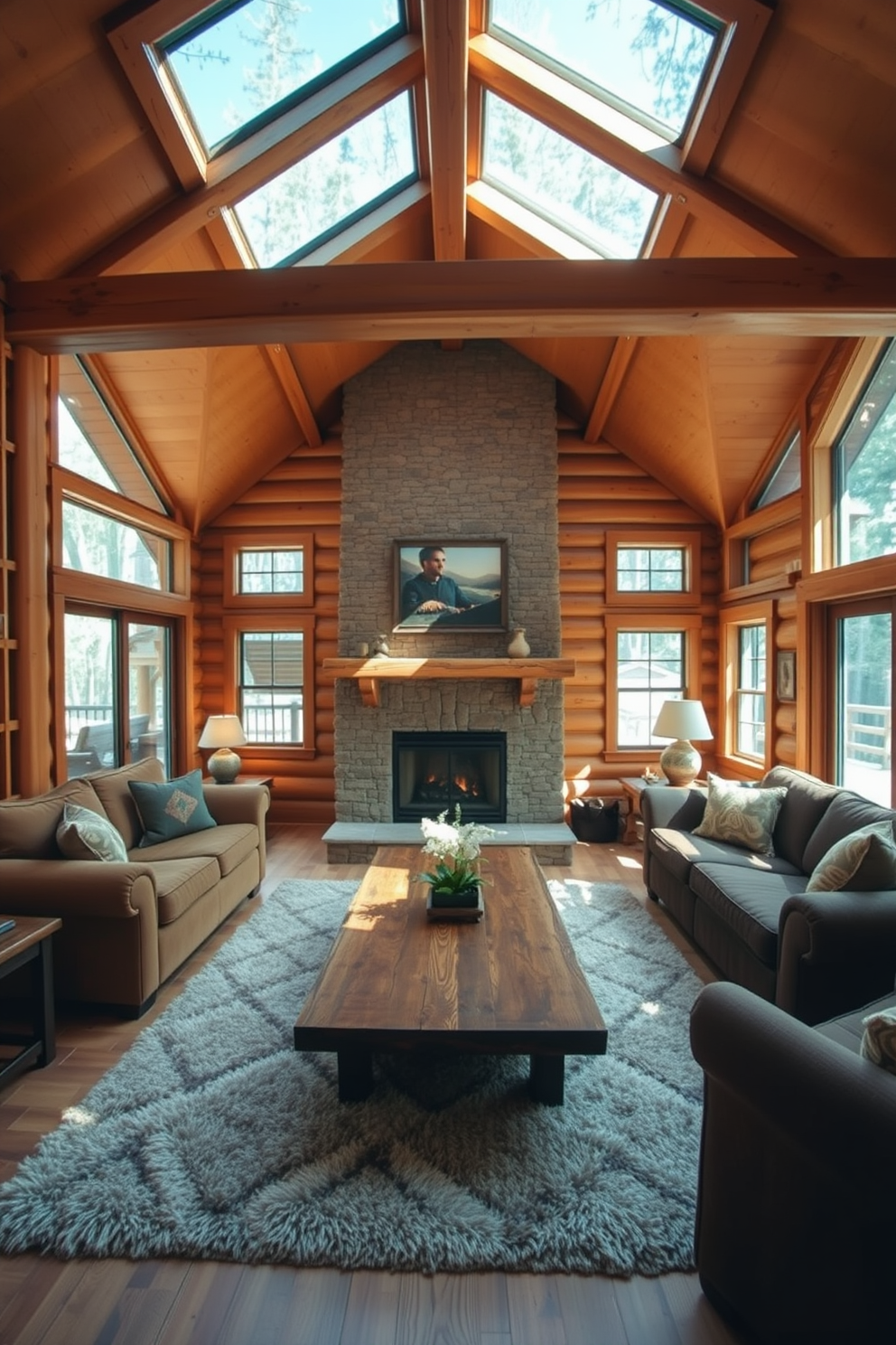 A cozy cabin living room filled with natural light streaming through large windows. The space features a rustic stone fireplace as the focal point, surrounded by comfortable seating in earthy tones. Warm wooden beams stretch across the ceiling, enhancing the cabin's charm. A plush area rug lies beneath a coffee table made of reclaimed wood, inviting relaxation and comfort.