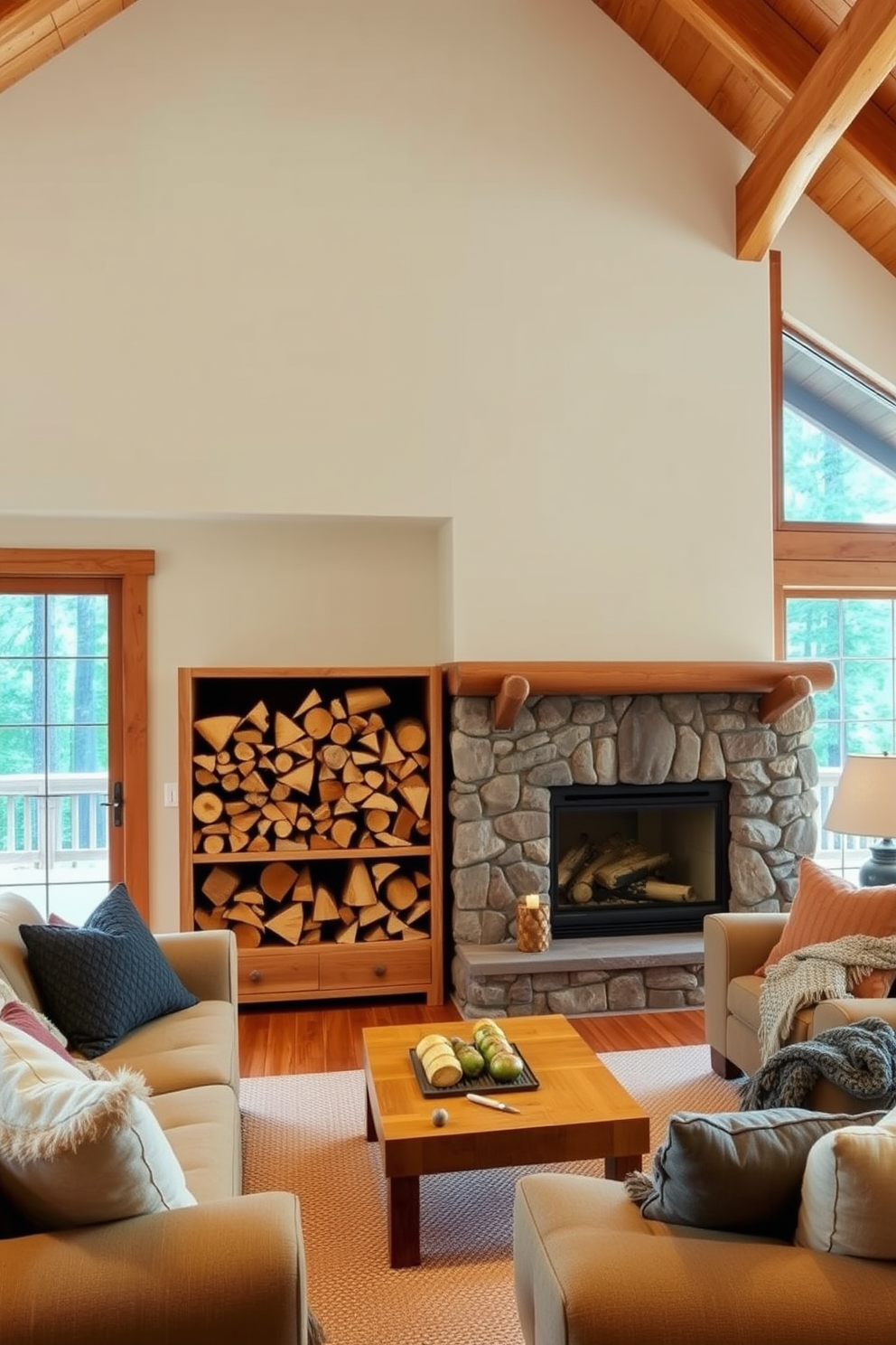 A cozy cabin living room featuring a stylish firewood storage area as a central design element. The firewood is neatly stacked in a rustic wooden bin beside a stone fireplace, creating a warm and inviting atmosphere. Natural wood beams stretch across the ceiling, complementing the warm tones of the furniture. Plush seating arrangements with soft throws and pillows invite relaxation, while large windows frame views of the surrounding forest.