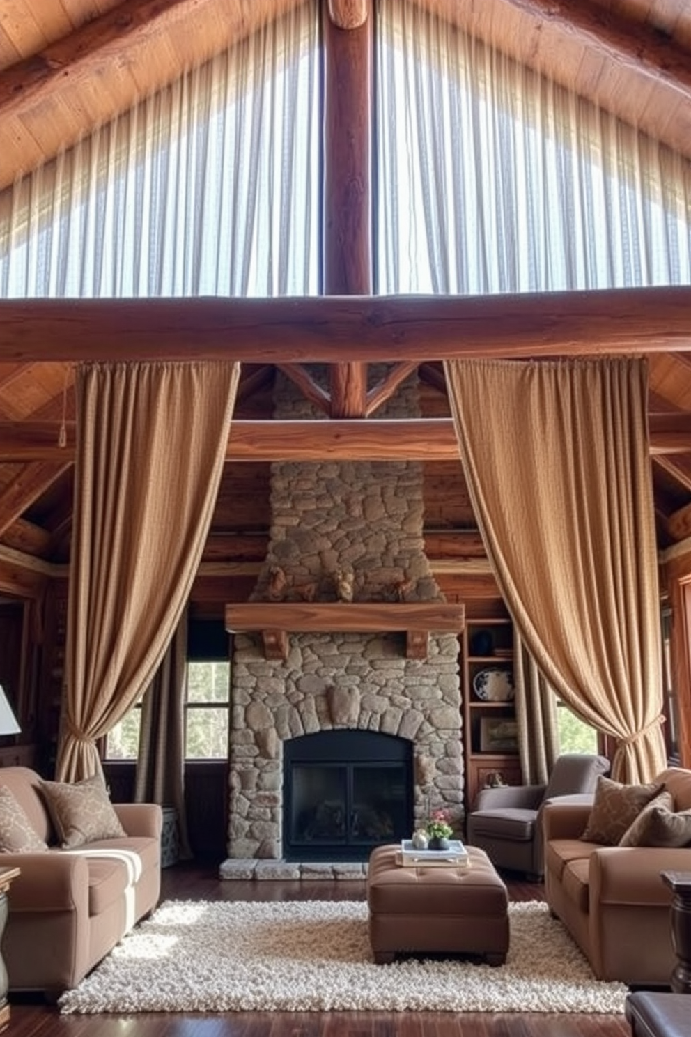 Textured curtains drape gracefully from a wooden rod, adding warmth and softness to the cabin living room. The natural light filters through the fabric, creating a cozy ambiance that invites relaxation. A rustic stone fireplace serves as the focal point, surrounded by comfortable seating in earthy tones. Wooden beams stretch across the ceiling, enhancing the cabin's charm while a plush area rug anchors the space.