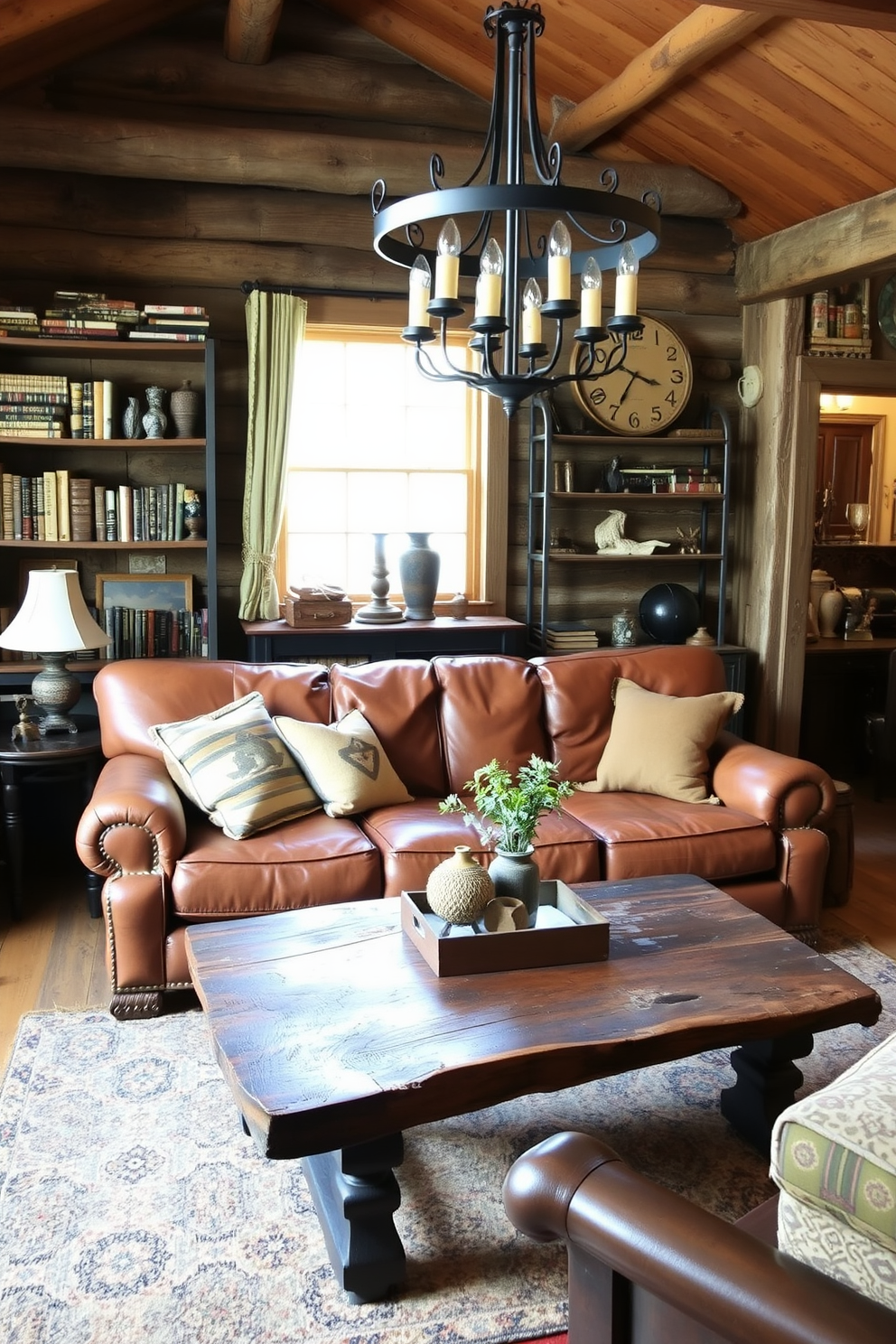 Antique finds add character and charm to a cozy cabin living room. A vintage leather sofa is paired with a reclaimed wood coffee table, showcasing unique textures and warmth. Rustic shelves display an array of antique books and decorative items, creating an inviting atmosphere. Soft, warm lighting from a wrought iron chandelier enhances the room's cozy feel, perfect for relaxation.