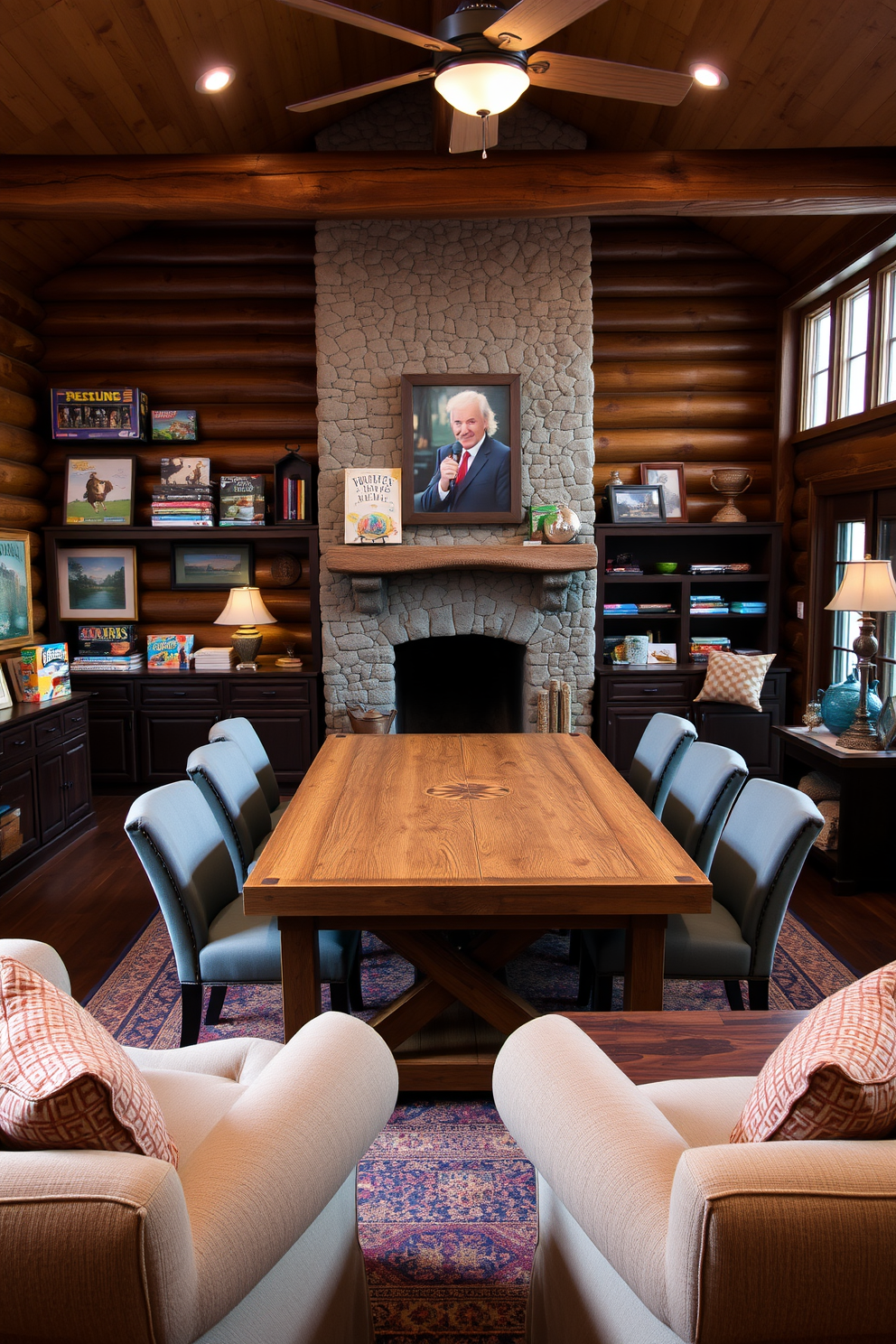 A cozy game area featuring a large wooden table surrounded by comfortable upholstered chairs. The walls are adorned with shelves filled with board games and colorful artwork, creating an inviting atmosphere. The cabin living room is designed with a rustic charm, showcasing a stone fireplace as the focal point. Plush sofas and a reclaimed wood coffee table enhance the warm and welcoming feel of the space.