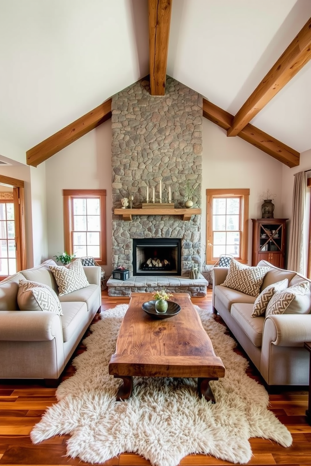 A cozy cabin living room featuring muted earth tones to create a calming atmosphere. The space includes a large stone fireplace as the focal point, surrounded by comfortable, oversized sofas adorned with soft, textured throw pillows. Natural wood beams stretch across the ceiling, enhancing the rustic charm of the room. A plush area rug lies on the wooden floor, complemented by a coffee table made from reclaimed wood and a few carefully placed decorative items.