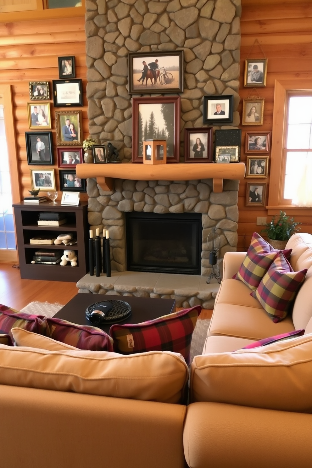 A cozy cabin living room features a rustic stone fireplace as the focal point, surrounded by a comfortable sectional sofa adorned with plaid throw pillows. The walls are lined with warm wood paneling, and a gallery wall displays an array of family photos in mismatched frames, creating a personal and inviting atmosphere.