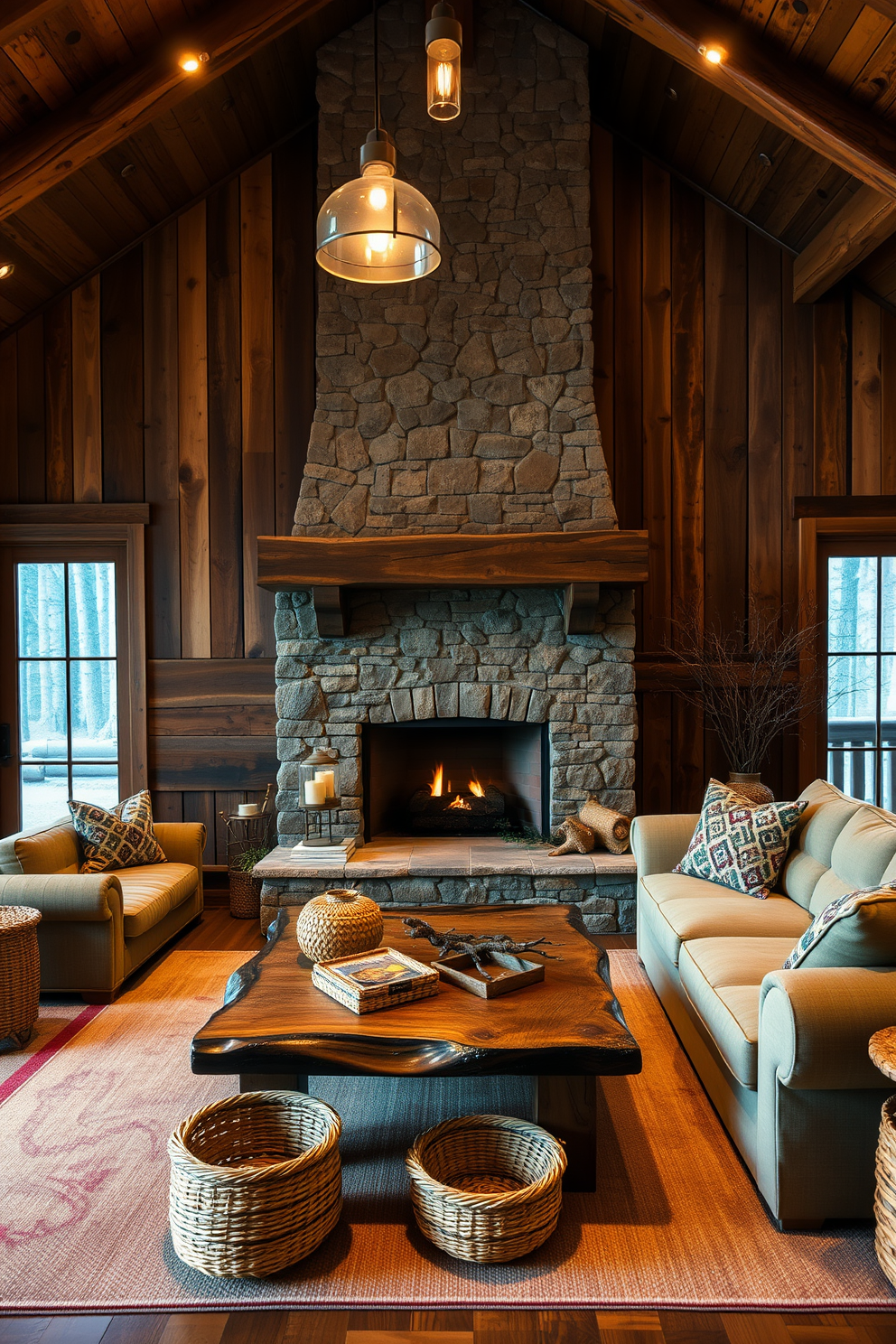 A cozy cabin living room featuring a large stone fireplace as the focal point. The walls are adorned with reclaimed wood panels, and a plush, oversized sectional sofa invites relaxation. Warm, soft lighting fixtures hang from the ceiling, creating a serene atmosphere. A rustic coffee table sits in front of the sofa, surrounded by woven baskets and nature-inspired decor.