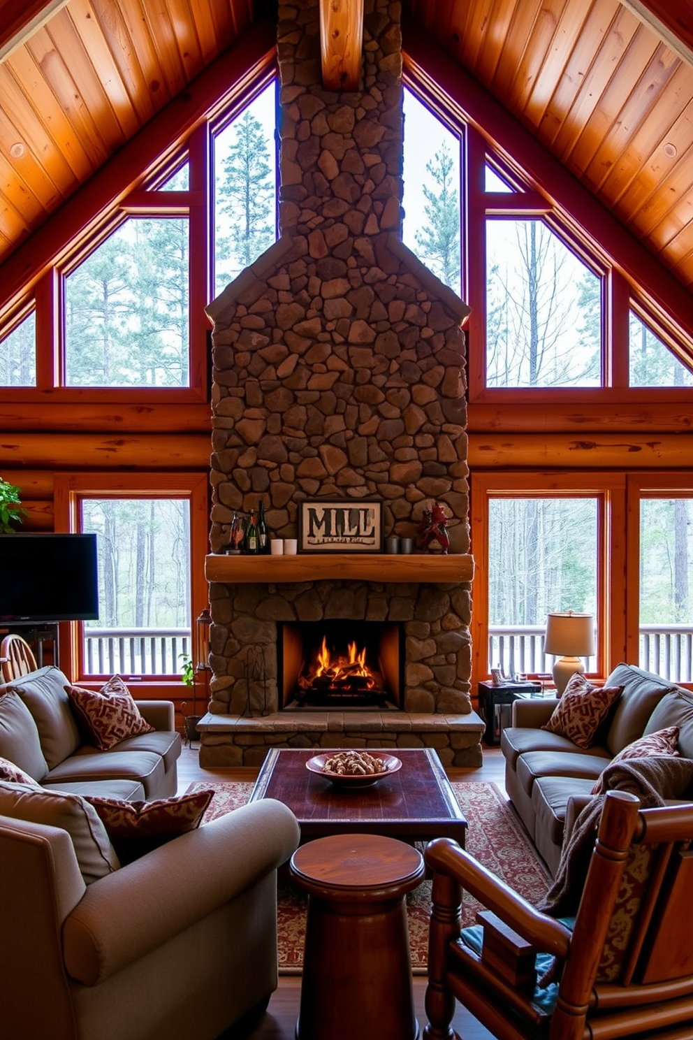 A cozy cabin living room features a natural stone fireplace that serves as the focal point. The fireplace is surrounded by comfortable seating, including a plush sectional sofa and rustic armchairs, creating an inviting atmosphere for relaxation. Warm wood beams cross the ceiling, enhancing the cabin's charm and warmth. Large windows frame the room, allowing natural light to flood in and showcase the surrounding forest views.