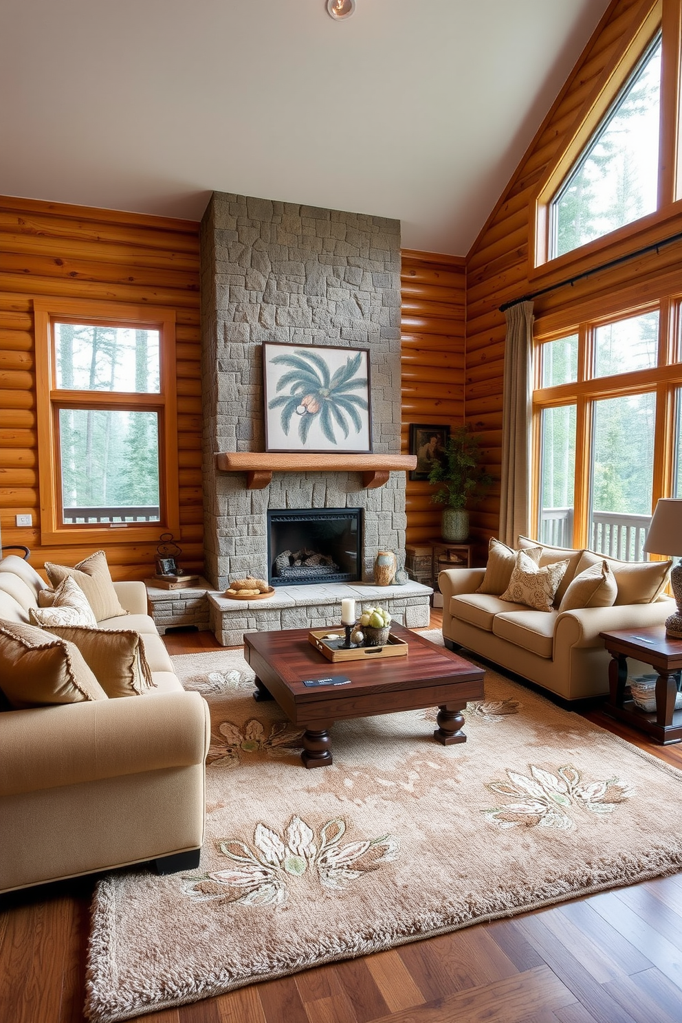 A cozy cabin living room featuring a warm neutral color palette. The walls are clad in natural wood, and a large stone fireplace serves as the focal point, surrounded by comfortable seating in soft beige and taupe fabrics. Large windows allow natural light to flood the space, showcasing views of the surrounding forest. A plush area rug in muted earth tones anchors the seating area, complemented by rustic wooden coffee tables and decorative throw pillows.