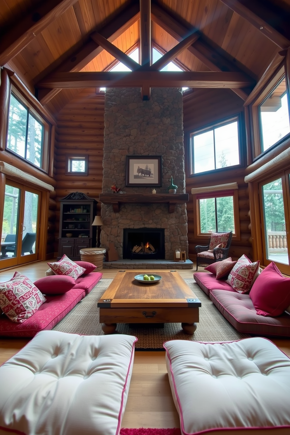 A cozy cabin living room features comfortable floor cushions arranged around a low wooden coffee table. Natural light streams in through large windows, illuminating the rustic wooden beams and stone fireplace that create a warm and inviting atmosphere.