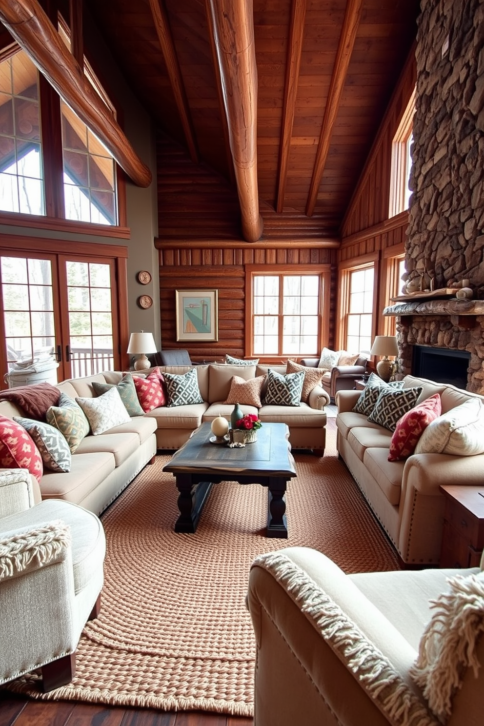 A cozy cabin living room featuring layered textures with plush fabrics. The space includes a large sectional sofa upholstered in a soft, neutral fabric, accented by an array of colorful throw pillows. A rustic wooden coffee table sits at the center, surrounded by a woven area rug that adds warmth. Large windows frame the room, allowing natural light to illuminate the rich wood beams and stone fireplace.