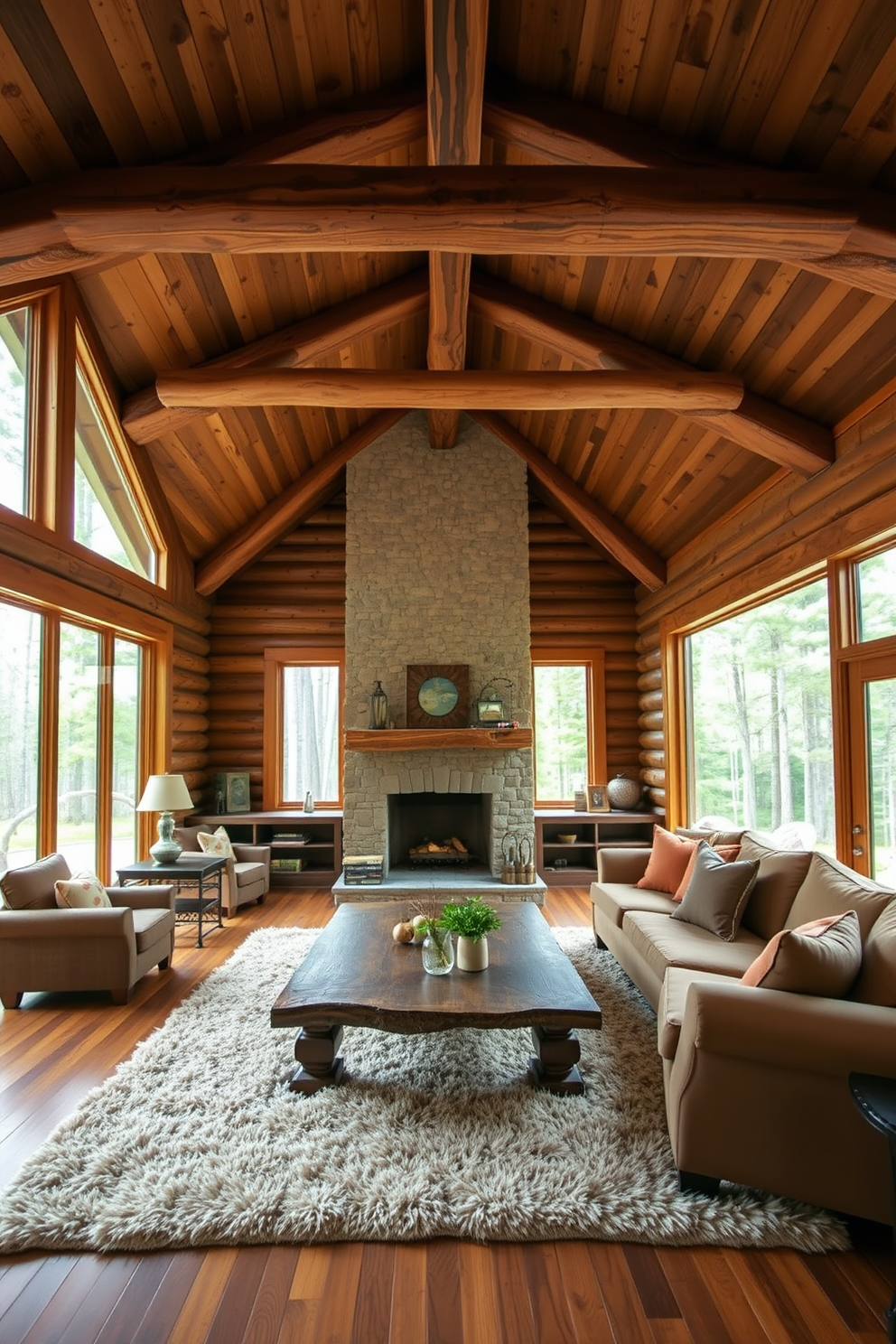 A cozy cabin living room featuring reclaimed wood beams on the ceiling. The space includes a large stone fireplace as a focal point, surrounded by comfortable seating in earthy tones. Natural light floods the room through oversized windows, showcasing the surrounding forest. A plush area rug lies beneath a rustic coffee table, enhancing the warm and inviting atmosphere.