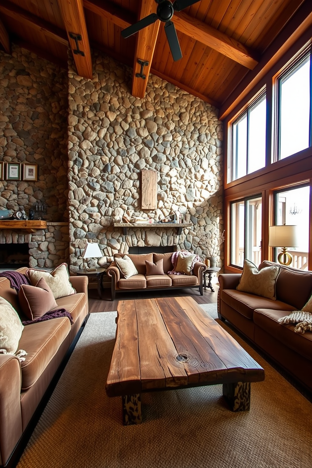 A cozy cabin living room features a stunning stone accent wall that adds warmth and character to the space. Plush seating arrangements with earthy tones complement the rustic wooden beams overhead, creating an inviting atmosphere. Natural light pours in through large windows, illuminating a handcrafted coffee table made from reclaimed wood. Soft throw blankets and textured cushions enhance the comfort of the seating, making it the perfect spot for relaxation.