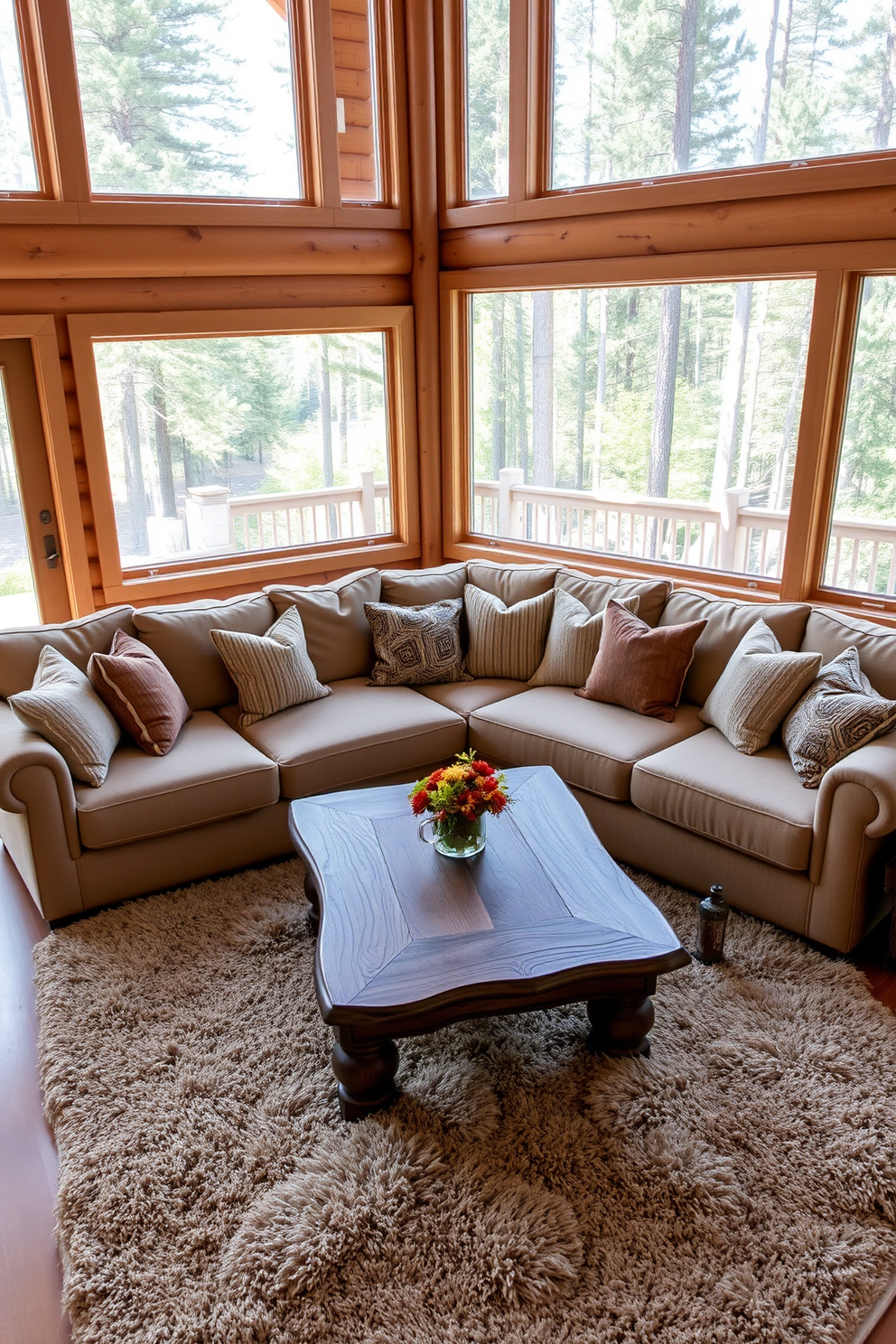 An oversized sectional sofa in a cozy cabin living room creates a welcoming atmosphere for family gatherings. The sofa is upholstered in a soft, earthy fabric and is adorned with an array of textured throw pillows in warm tones. A rustic wooden coffee table sits in front of the sectional, complemented by a plush area rug that adds warmth to the space. Large windows allow natural light to flood the room, showcasing the surrounding forest views and enhancing the cabin's inviting charm.