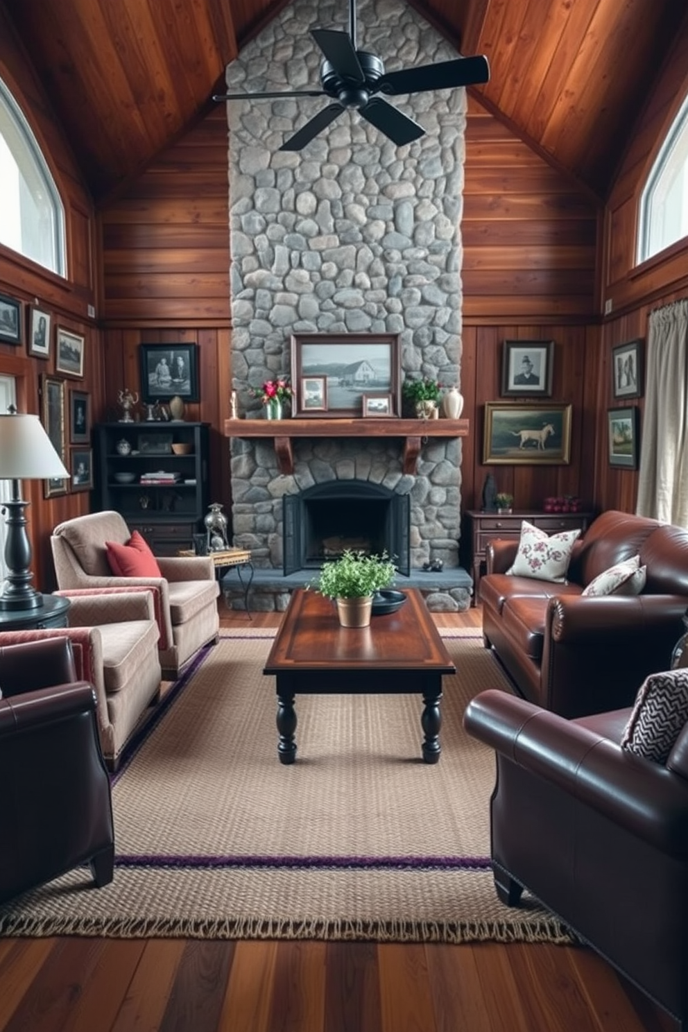 A cozy cabin living room adorned with vintage decor pieces that add character. An antique wooden coffee table sits at the center, surrounded by a mix of plush armchairs and a vintage leather sofa. The walls are lined with rustic wooden paneling, showcasing a collection of framed vintage photographs and artwork. A large stone fireplace serves as the focal point, complemented by a woven area rug that brings warmth to the space.