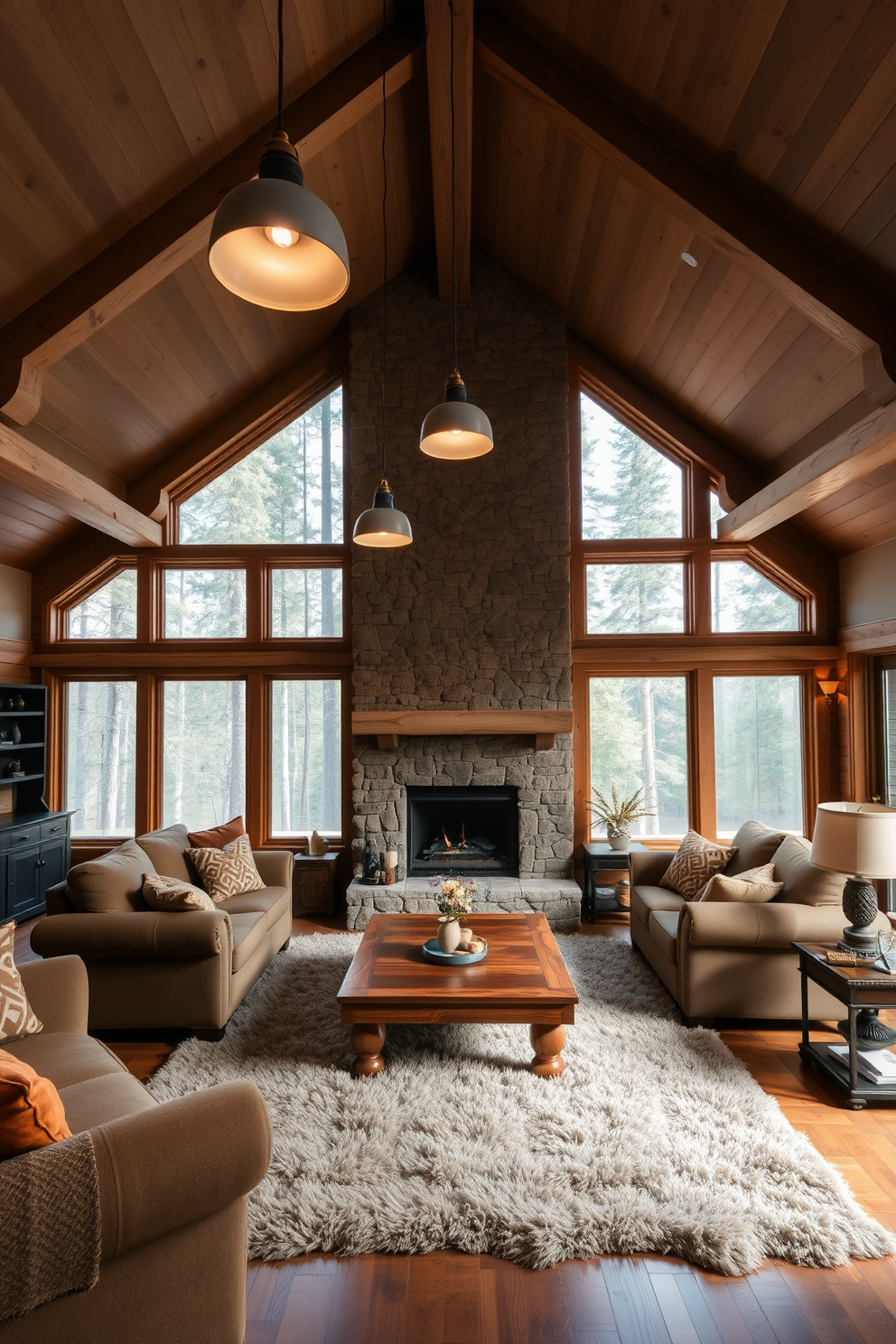 A cozy cabin living room featuring soft lighting with pendant fixtures hanging from the ceiling. The space is adorned with a large stone fireplace as the focal point, surrounded by comfortable seating in earthy tones. Natural wood beams stretch across the ceiling, enhancing the rustic charm of the room. A plush area rug lies beneath a wooden coffee table, while large windows offer a view of the serene forest outside.