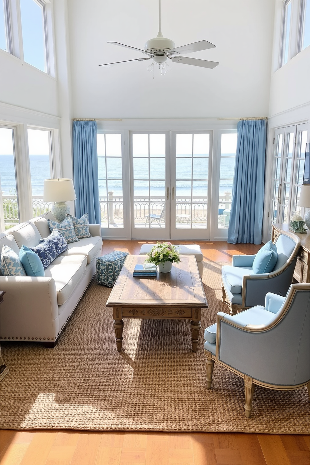 A coastal chic living room featuring soft blue accents. The space includes a light beige sectional sofa adorned with blue throw pillows and a large, woven area rug. Floor-to-ceiling windows allow natural light to flood the room, showcasing views of the ocean. A wooden coffee table with a distressed finish sits at the center, surrounded by a pair of elegant accent chairs in a soft blue fabric.