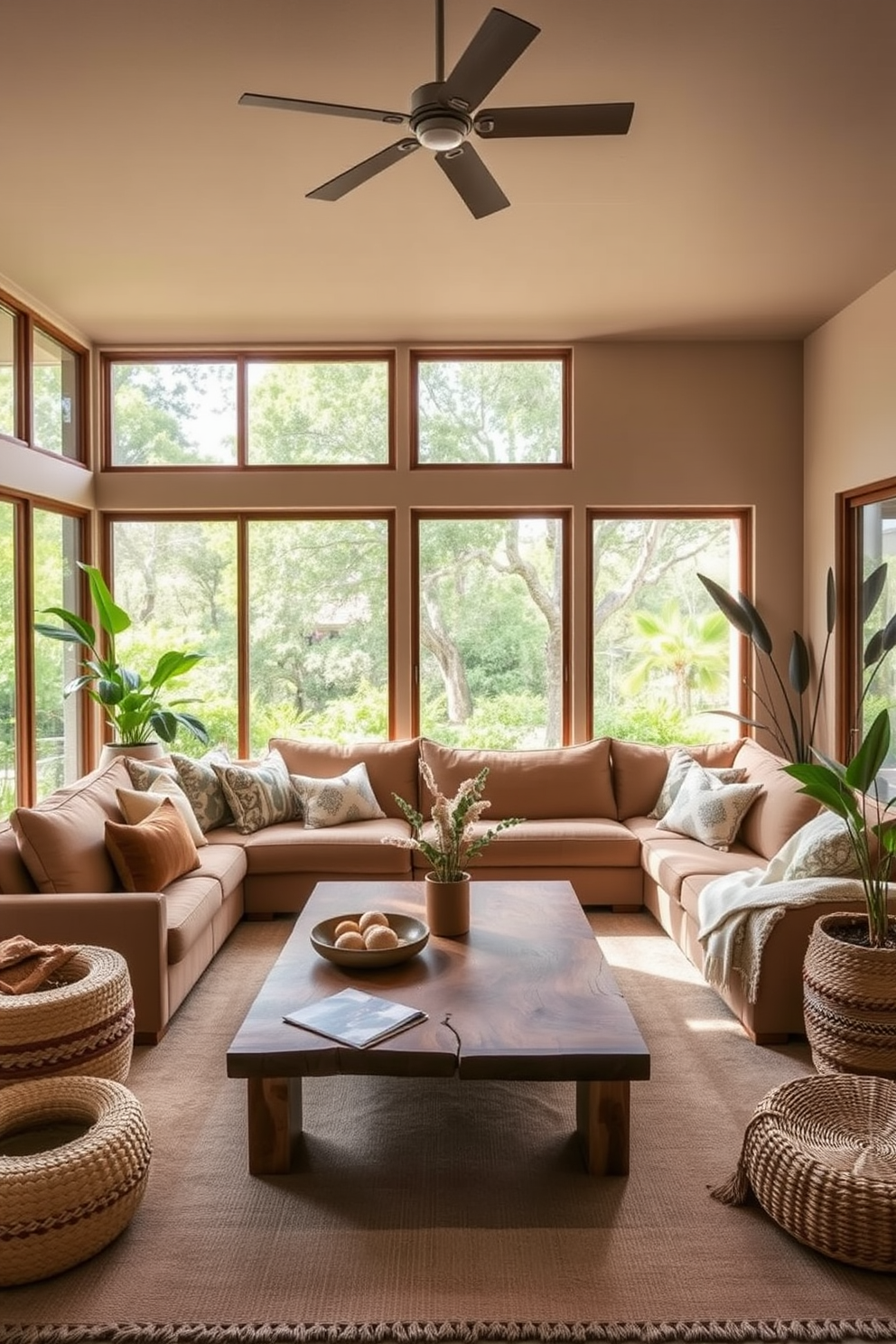 A California living room featuring earthy colors and natural materials. The space includes a large sectional sofa in a warm beige fabric, complemented by a reclaimed wood coffee table at the center. Large windows allow abundant natural light to fill the room, showcasing views of lush greenery outside. Decorative elements include woven baskets, potted plants, and soft textiles that enhance the cozy, organic atmosphere.