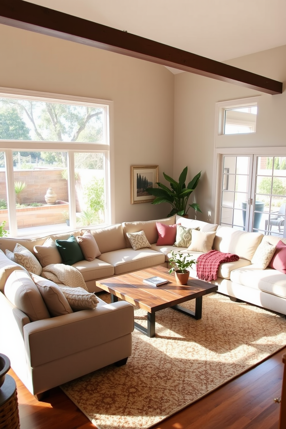 A spacious California living room features a large, comfortable sectional sofa in soft beige upholstery, perfect for family gatherings. Natural light floods the room through expansive windows, highlighting a cozy area rug that anchors the seating arrangement. In the corner, a stylish coffee table made of reclaimed wood adds warmth and character to the space. Surrounding the sectional, a mix of colorful throw pillows and a few potted plants create an inviting and relaxed atmosphere.