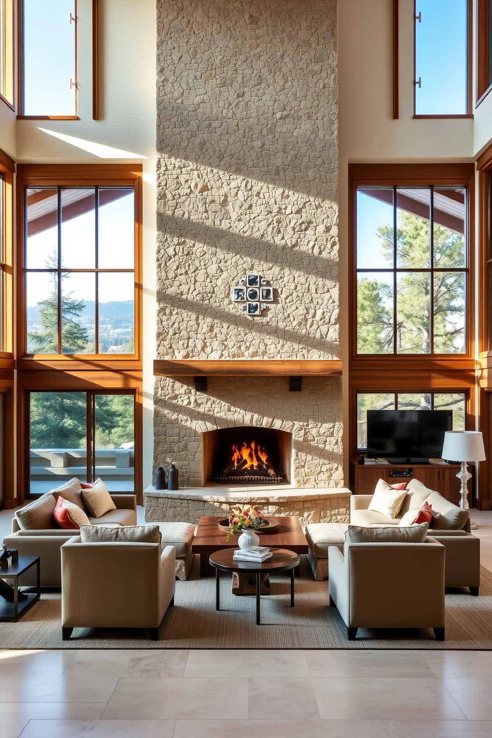 A stunning California living room features a large stone fireplace as the central focal point, surrounded by comfortable seating arranged for conversation. The space is filled with natural light from expansive windows that showcase views of the outdoors, complemented by warm wooden accents and soft, neutral textiles.