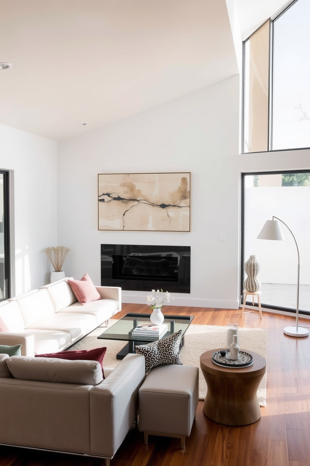 A contemporary California living room featuring sleek lines and minimalist decor. The space includes a low-profile sectional sofa in a neutral tone, paired with a glass coffee table and a striking abstract art piece on the wall. Large windows allow natural light to flood the room, highlighting the warm wood flooring. A few carefully chosen decorative pillows and a modern floor lamp add subtle pops of color and texture to the inviting atmosphere.