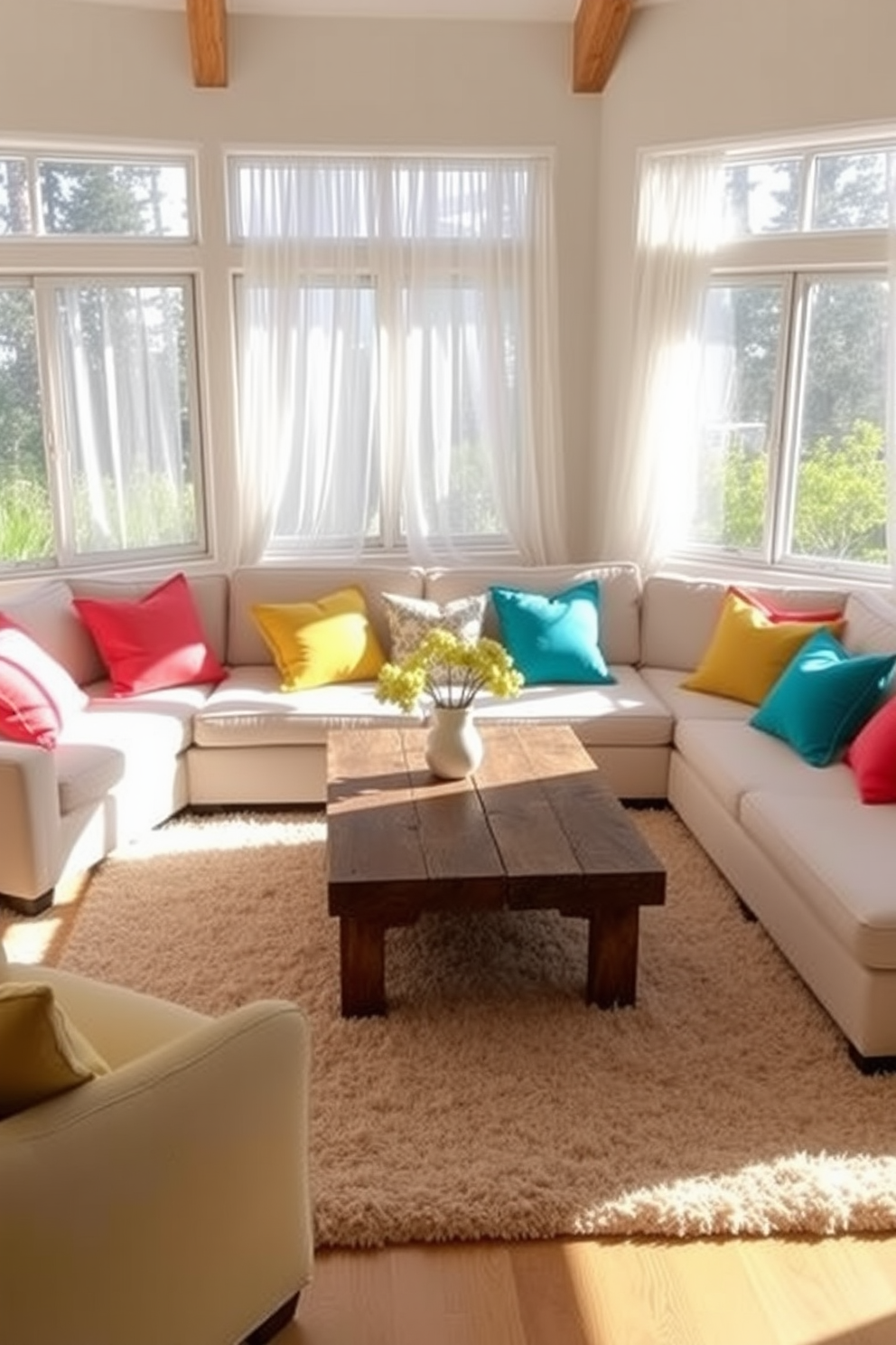 A bright and airy California living room filled with natural light. The space features a comfortable sectional sofa adorned with vibrant cushions in shades of coral, turquoise, and sunny yellow. Large windows with sheer white curtains allow sunlight to flood in, enhancing the cheerful atmosphere. A rustic wooden coffee table sits in the center, surrounded by a plush area rug that ties the color scheme together.