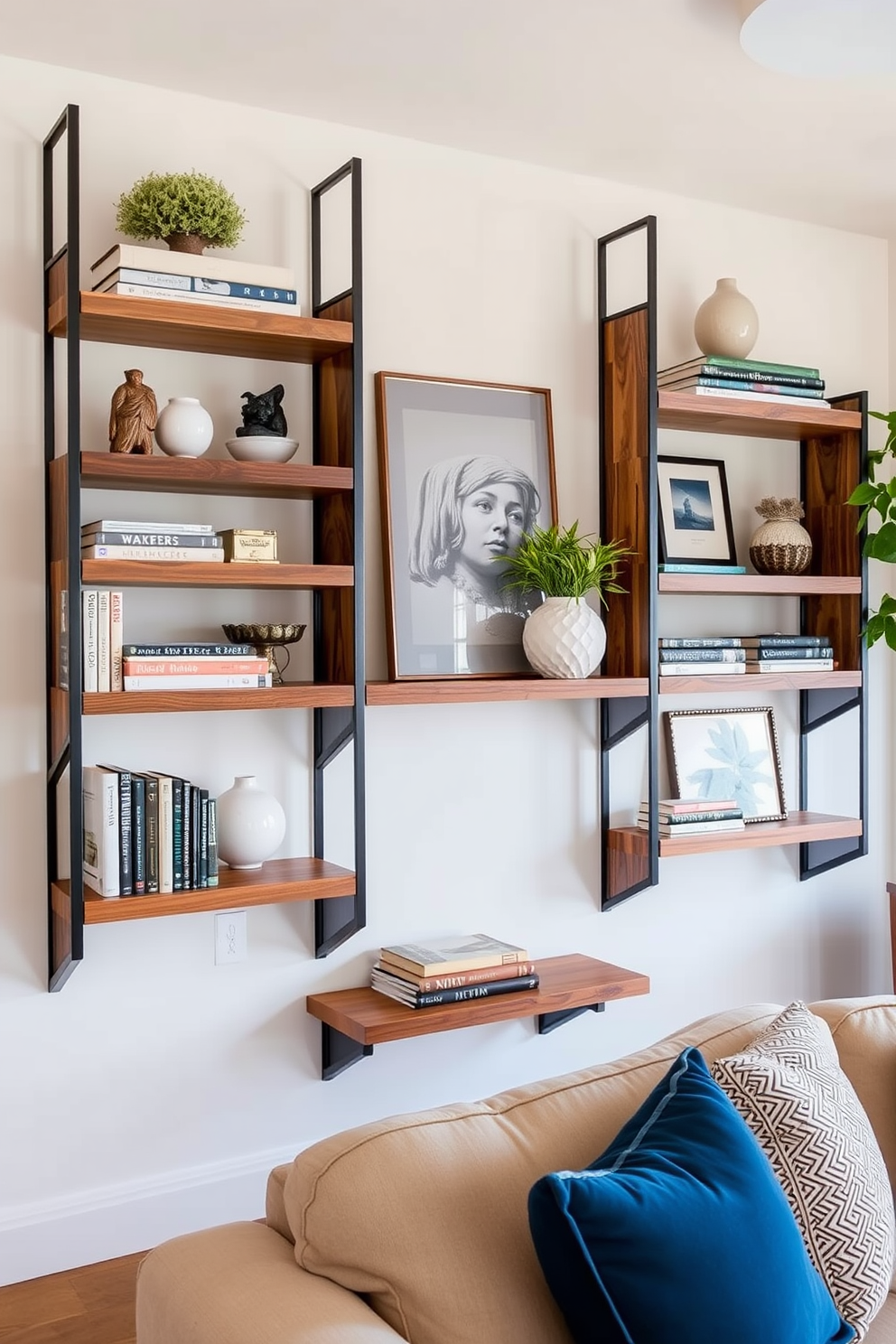 A stylish California living room features wall-mounted shelves that elegantly display curated decor and books. The shelves are made of reclaimed wood, adding warmth to the space, while the walls are painted in a soft, neutral tone to enhance the airy feel.