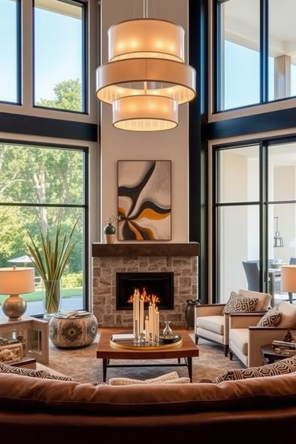 A California living room featuring statement lighting fixtures that enhance the elegance of the space. The room is designed with large windows that allow natural light to flood in, complemented by a mix of modern and rustic furnishings.