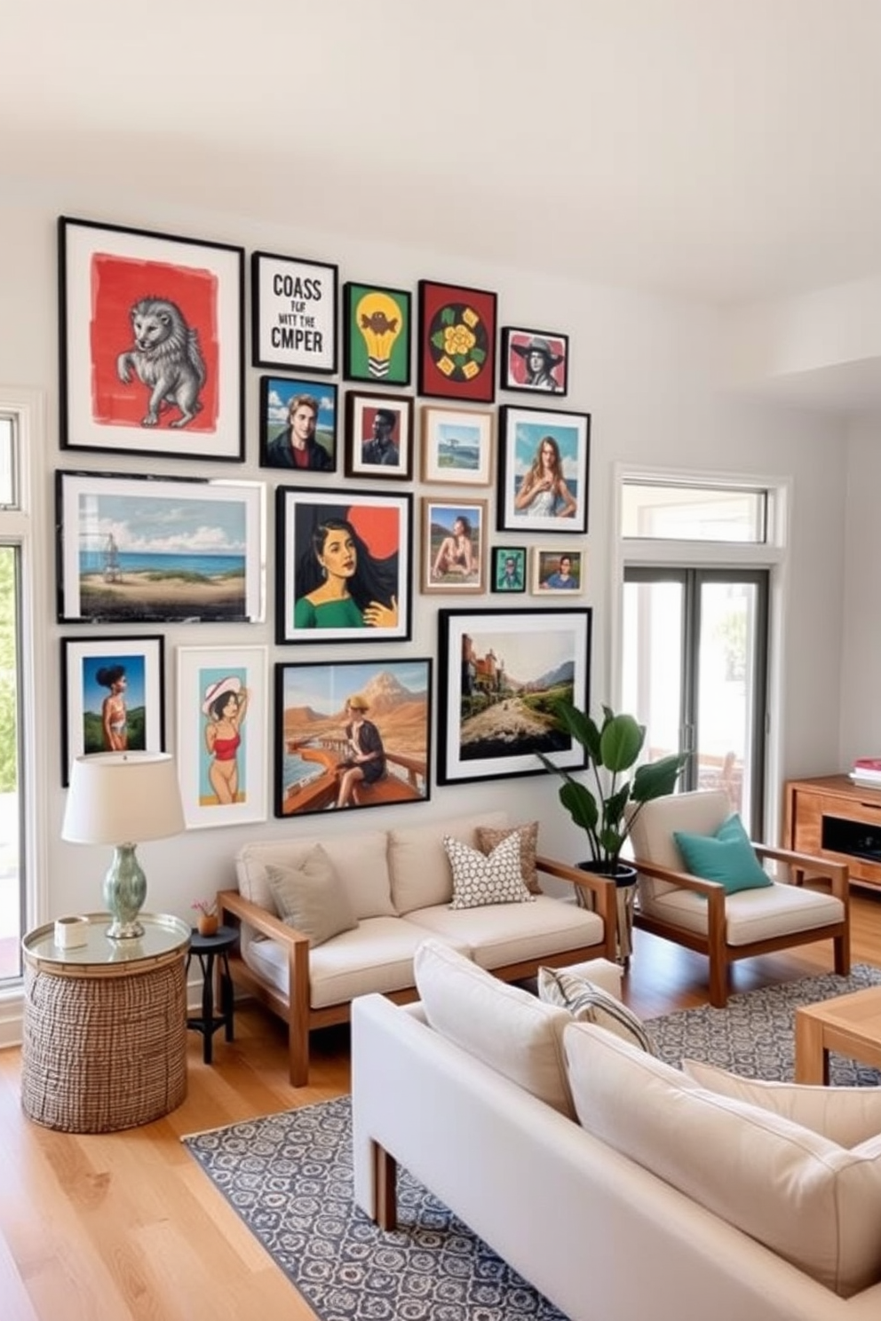 A gallery wall features a curated collection of personal artwork, showcasing vibrant colors and unique styles that reflect individual creativity. The California living room is designed with a blend of modern and coastal elements, featuring light wood furniture and large windows that invite natural light.