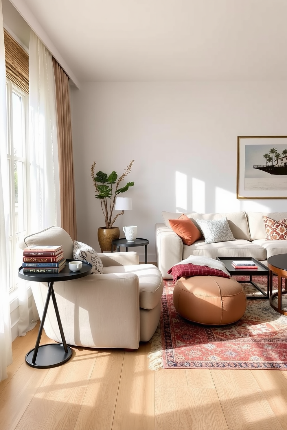 Cozy reading nook by the window with a plush armchair upholstered in soft fabric. A small side table holds a stack of books and a steaming cup of tea, while natural light floods the space through sheer curtains. California living room design featuring light wood flooring and white walls for an airy feel. A large sectional sofa in neutral tones is accented with colorful throw pillows, and a statement rug adds warmth and texture to the room.